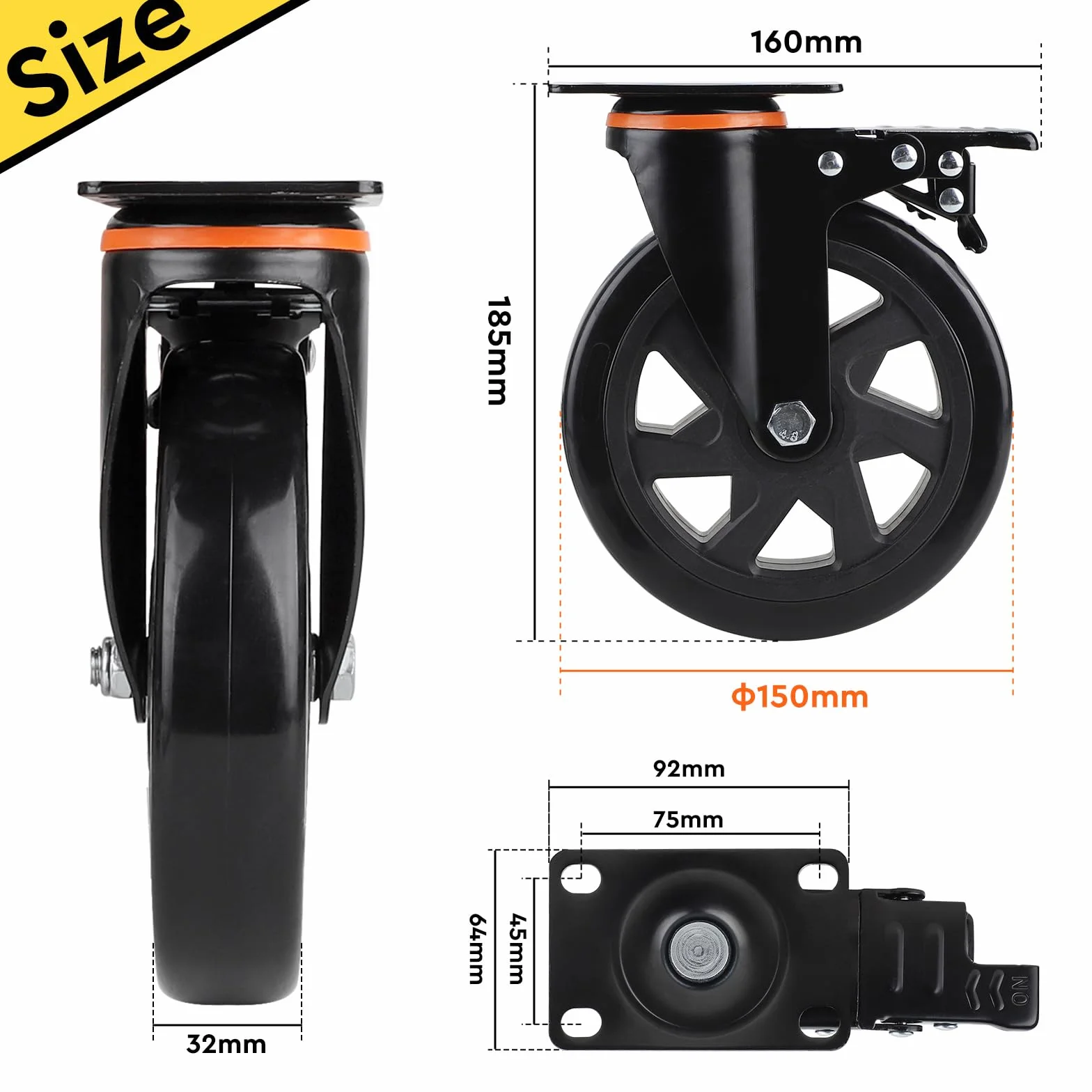 SWAWIS 4 kółka skrętne z hamulcem, kółka do dużych obciążeń 150 mm z akcesoriami montażowymi, kółka meblowe, do dużych obciążeń, poliuretan, obracane o 360°, kółka do kosza plażowego, kółka do mebli