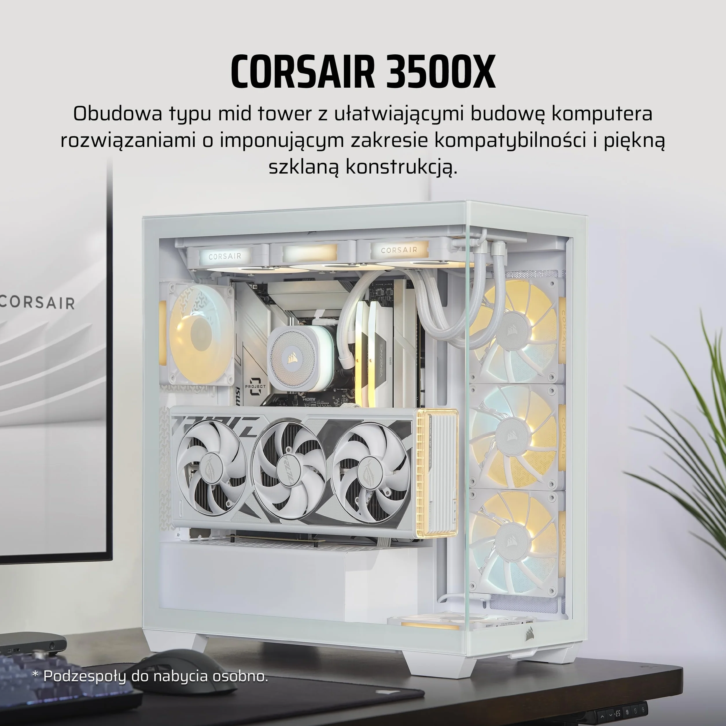 CORSAIR 3500X Środkowa-Wieża ATX Obudowa PC – Panoramiczne Szkło Hartowane – Kompatybilna z Płytą Główną z Odwróconym Połączeniem – Bez Wentylatorów – Biały