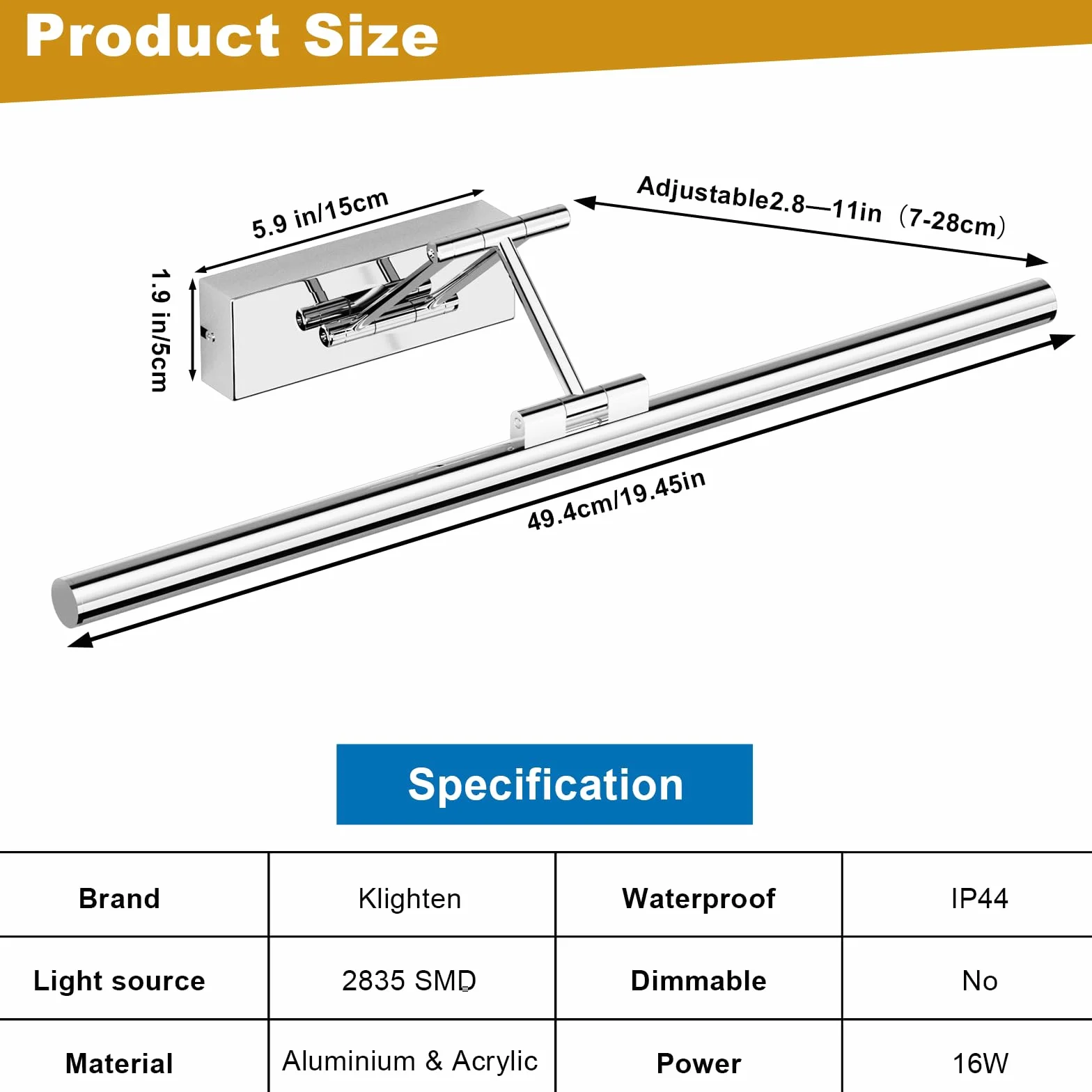 Klighten Lampa lustrzana LED łazienkowa 50 cm, obrotowe lampy lustrzane do łazienki IP44, oświetlenie lustra łazienkowego 16 W 1200 lm, oświetlenie lustra łazienkowego LED
