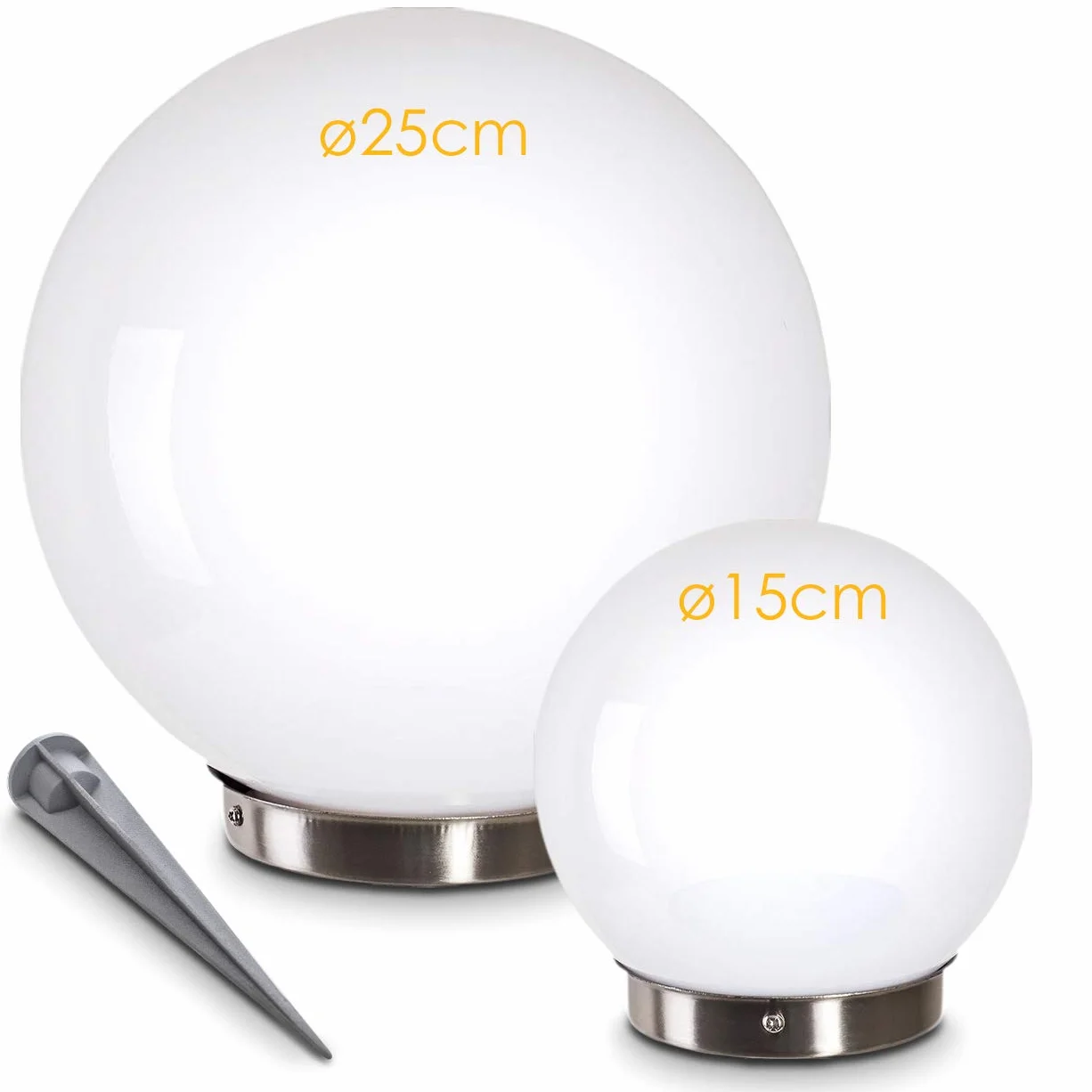 Lampa solarna Nassau, zestaw 2 lamp kulistych, lampy kuliste wykonane z białego tworzywa sztucznego, szpikulec Ø 15 i 25 cm, włącznik/wyłącznik, wyłącznik zmierzchowy lamp solarnych