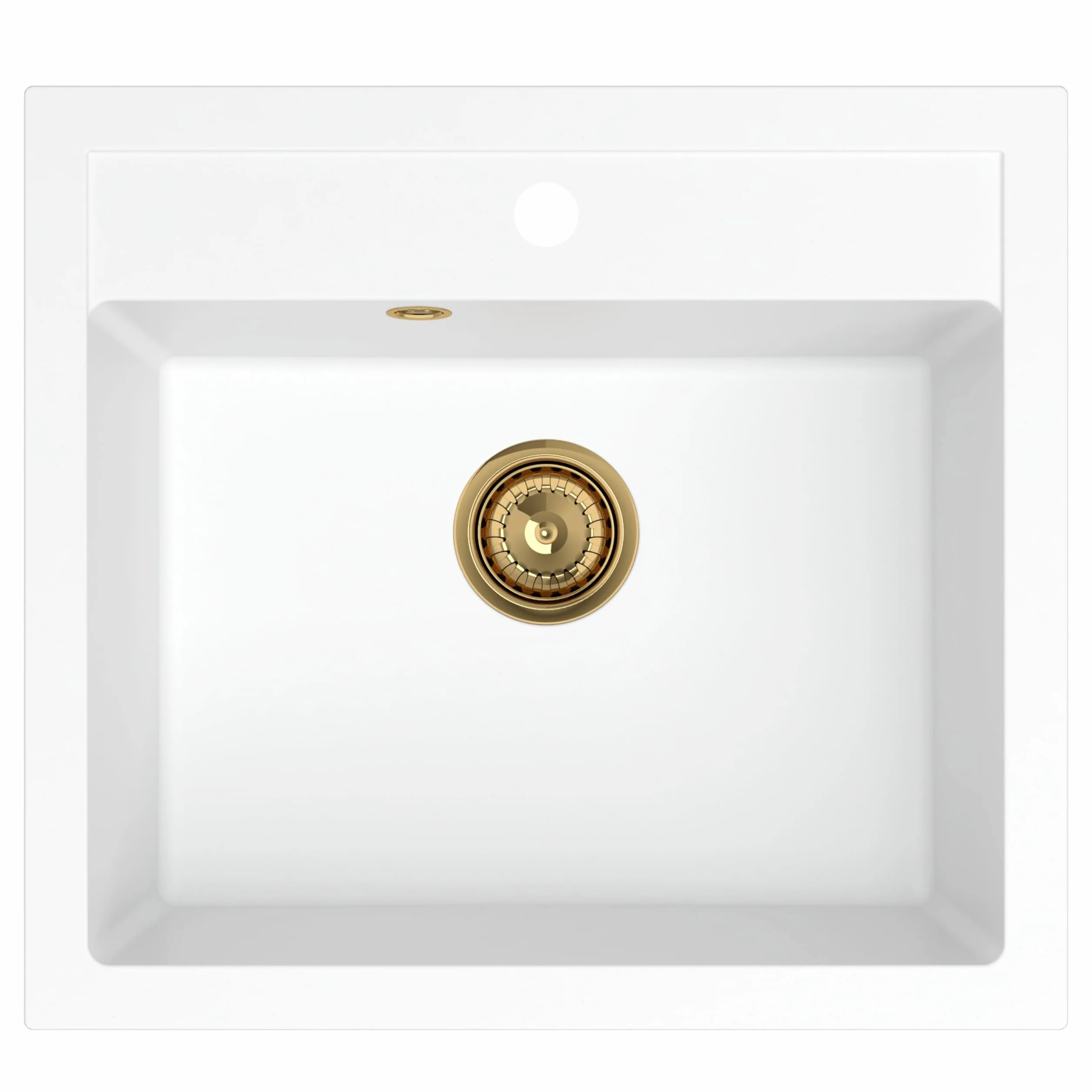 SINK QUALITY zlewozmywak granitowy biały 56 x 51 cm – zlewozmywak granitowy ze złotym syfonem i impregnacją – zlewozmywak do szafek od 60 cm szerokości – pojedynczy zlew do zabudowy – umywalka do