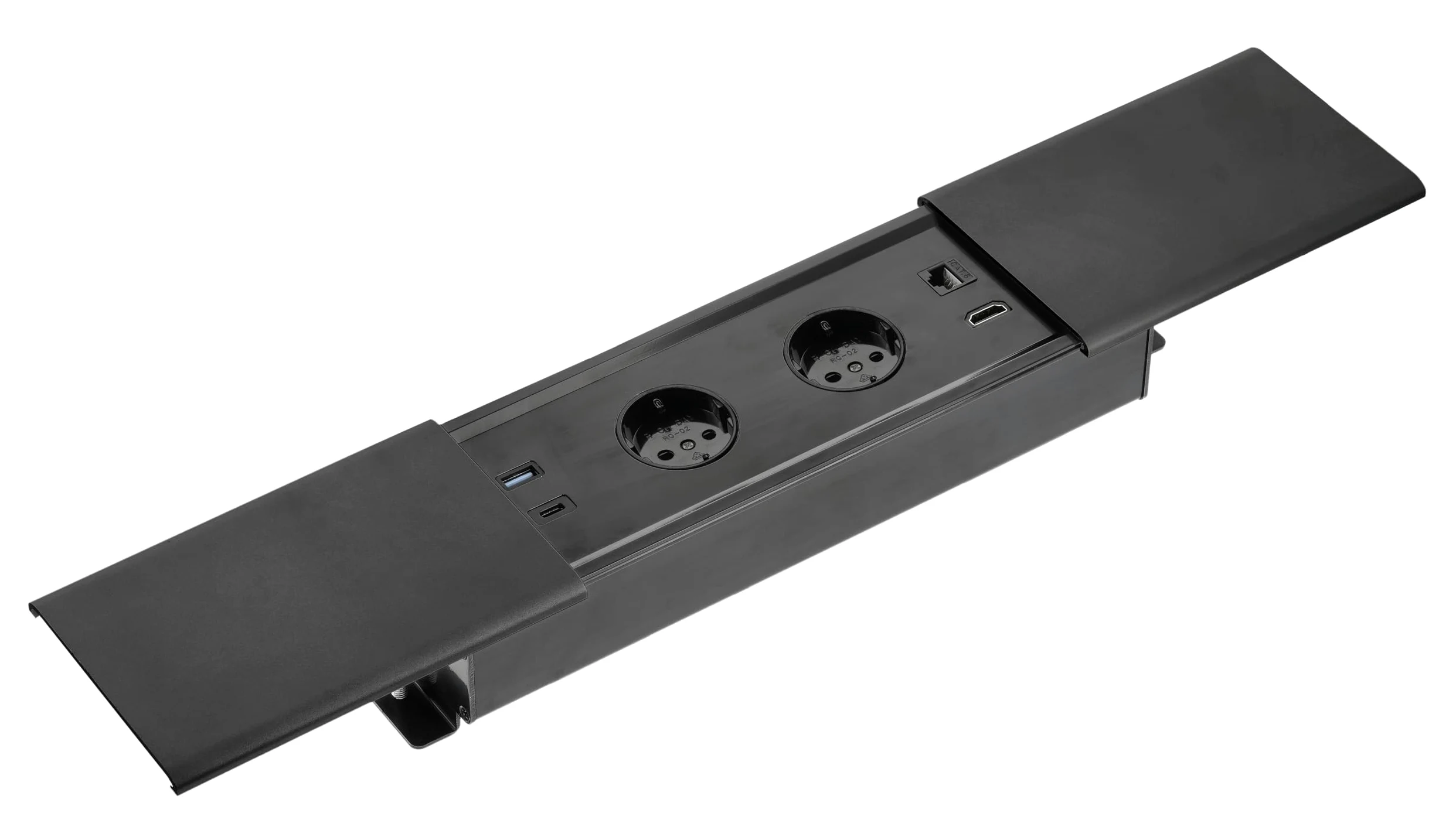 GTV - Gniazdo meblowe Prestino, 2 x gniazdko Schuko, 1 x USB A, 1 x USB C, 1 x RJ45 1 x HDMI, długość kabla 1,5 m, kolor czarny, do biurka, blatu stołu, kuchni i biura