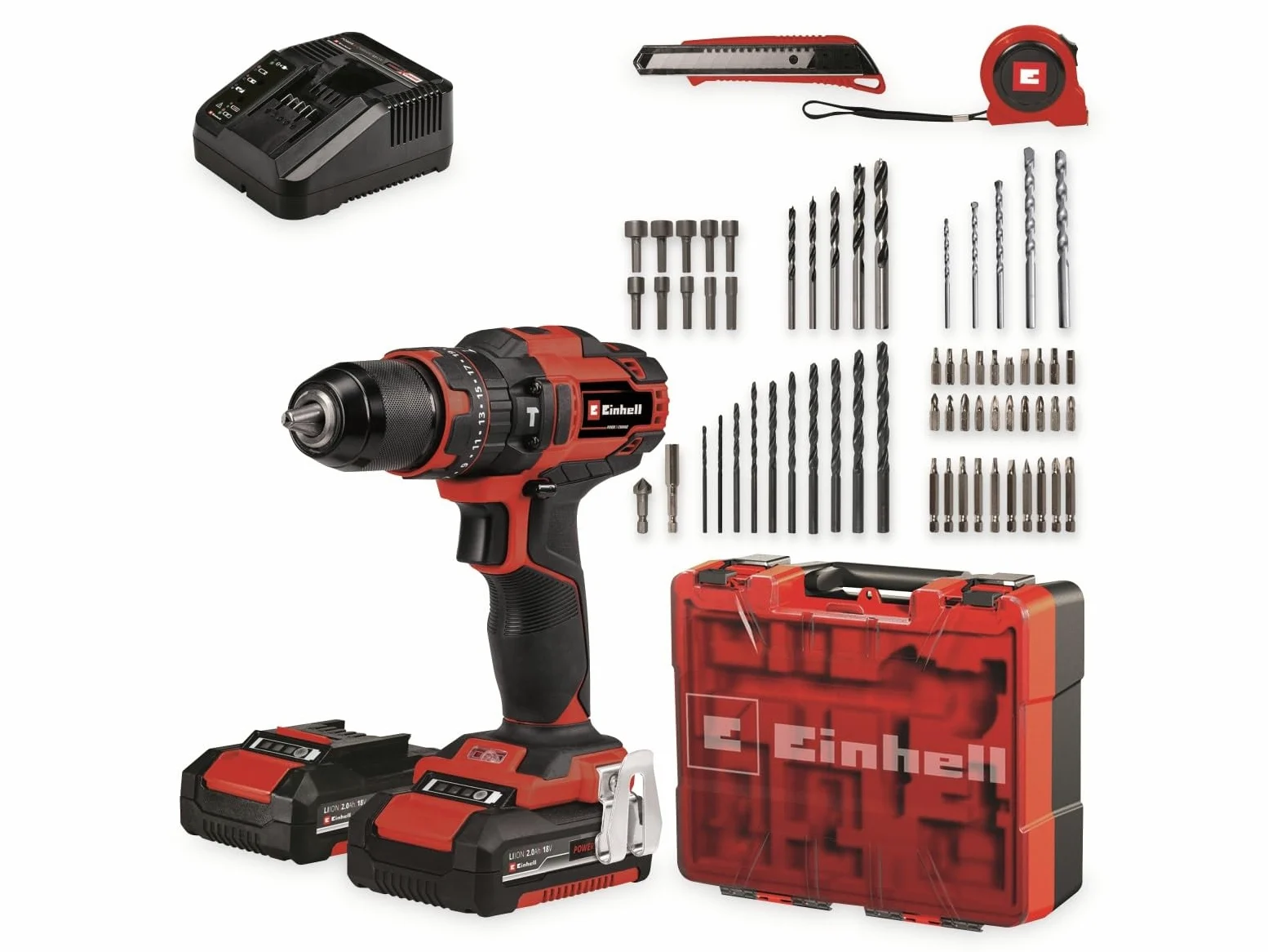 Einhell Aku. zestaw wiertarko-wkrętarki z udarem TE-CD 18/40 Li-i +64 (2x2,0Ah) Power X-Change (Li-Ion, 18V, 40Nm, elektr. pręd., 2-bieg. przekł., maks. 24 000 min-1, akumulatory, ładow. i akces.)
