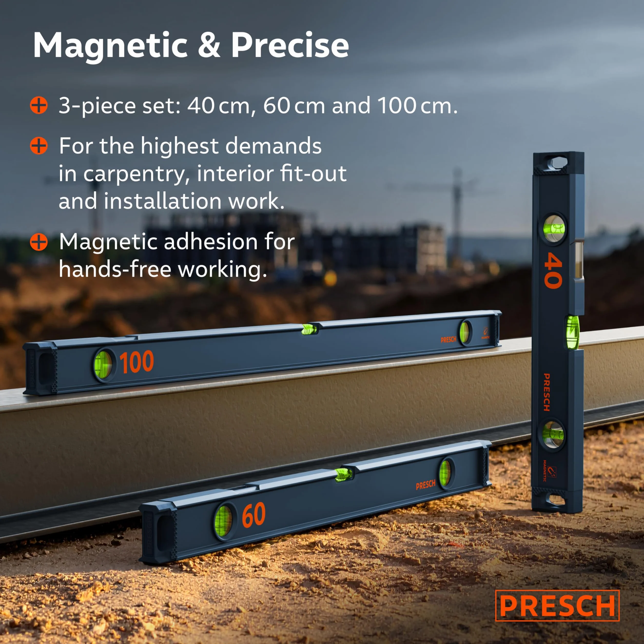 Presch Zestaw poziomic magnetycznych - 40cm, 60cm i 100cm - Niełamliwa ampułka z wskaźnikiem spadku 2% - Okienko do odczytu pionowego - Innowacyjne antypoślizgowe końcówki