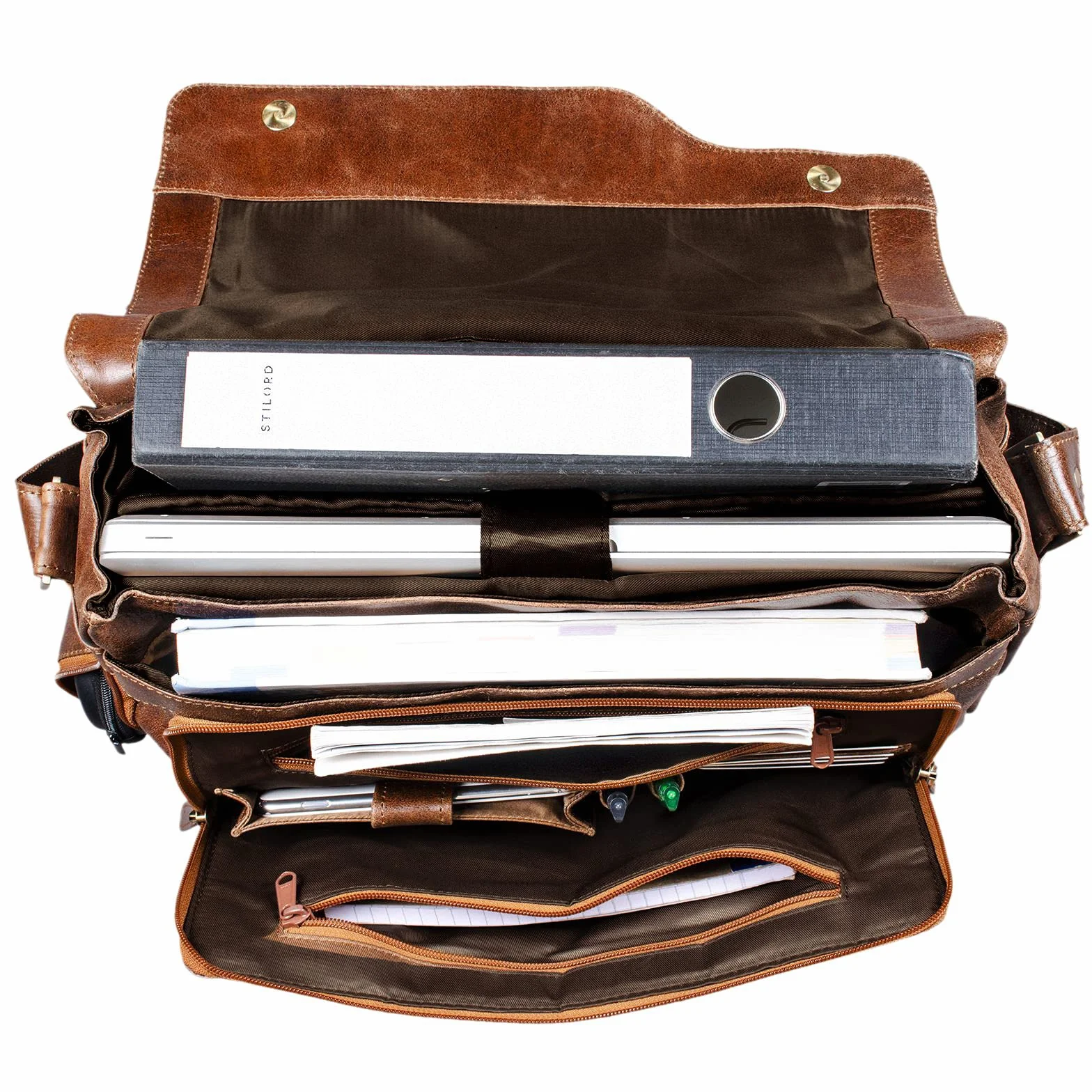 STILORD etui skórzane Marlon męskie torba na ramię duża DIN A4 komora na laptopa 15,6 cala teczka prawdziwa skóra bydlęca brąz koniakowy