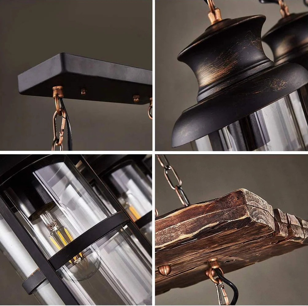 Lampa wisząca z drewna, przemysłowa lampa wisząca w stylu vintage, oświetlenie wewnętrzne, żyrandol loft, żelazo i szkło, abażur z regulacją wysokości, do jadalni, baru, salonu, lampa sufitowa