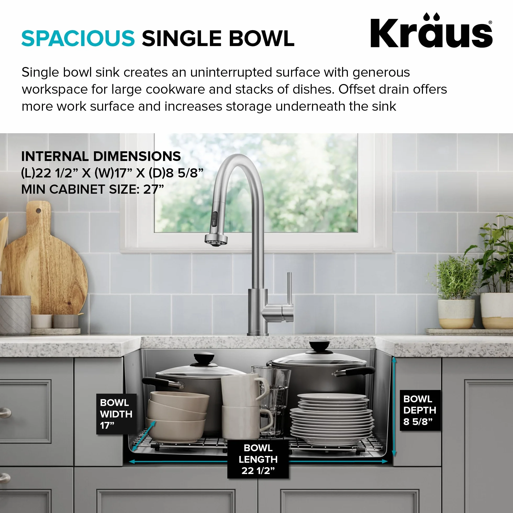 KRAUS KHU641-25 Fairlane Wpuszczany pod blat zlew kuchenny ze stali nierdzewnej o grubości ok. 1,2 mm, pojedyncza komora, 63,5 cm