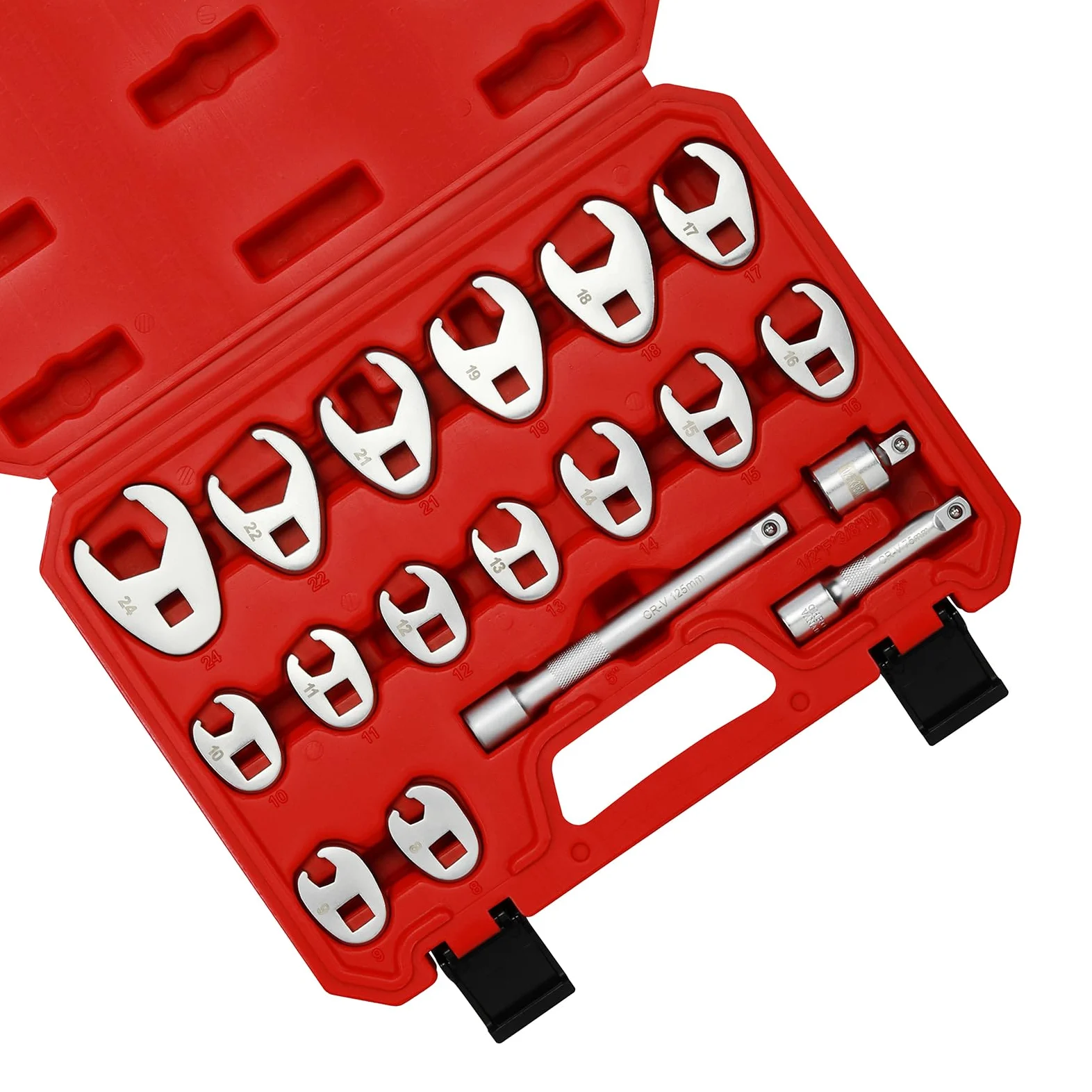 Zestaw 18 kluczy płasko-oczkowych 3/8" z napędem, 8-24 mm, CR-MO, adapterem i pokrętłem Ex
