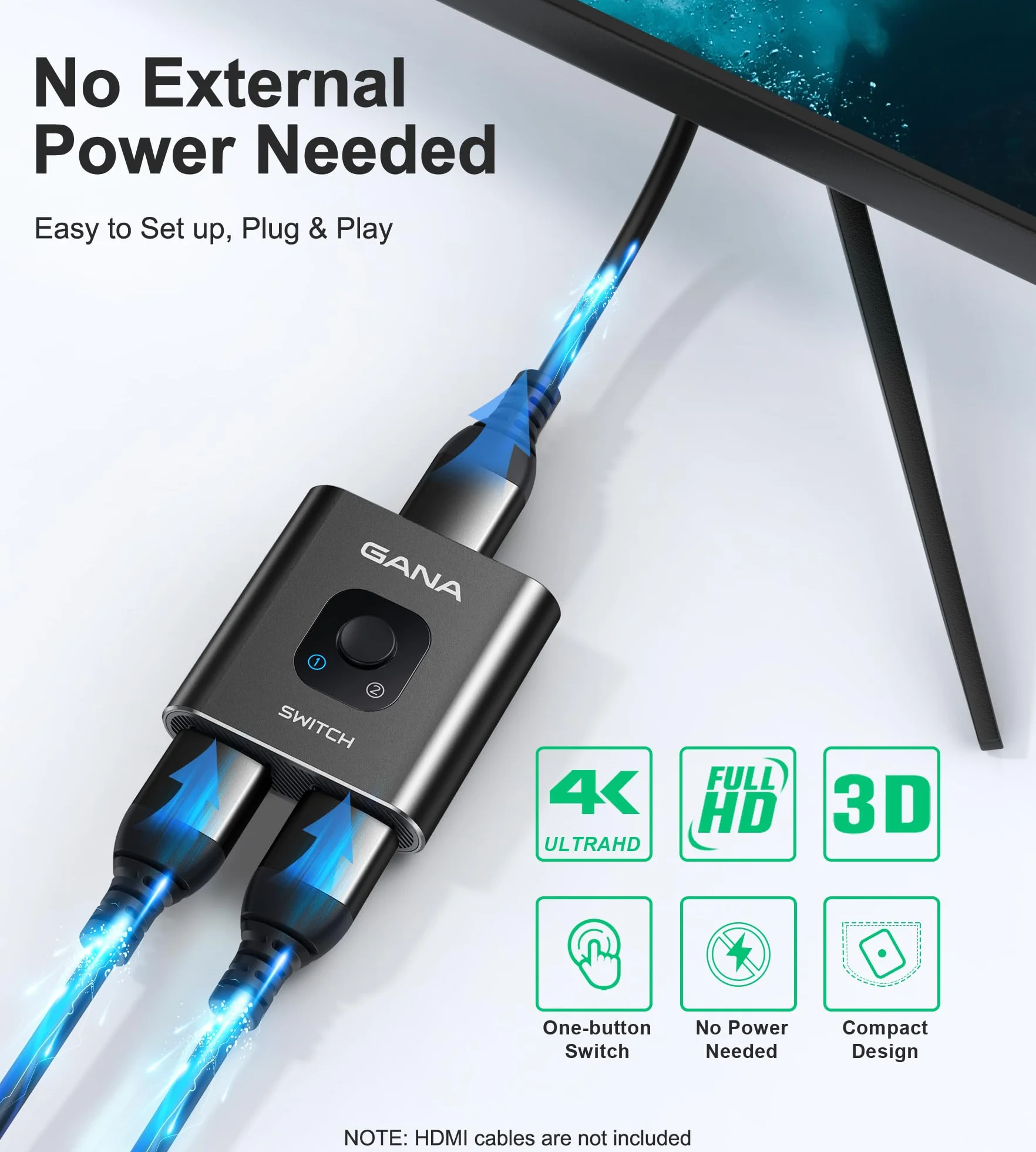 GANA Rozdzielacz HDMI 4K 60 Hz dwukierunkowy 1 w 2 wyjścia ręczny przełącznik HD