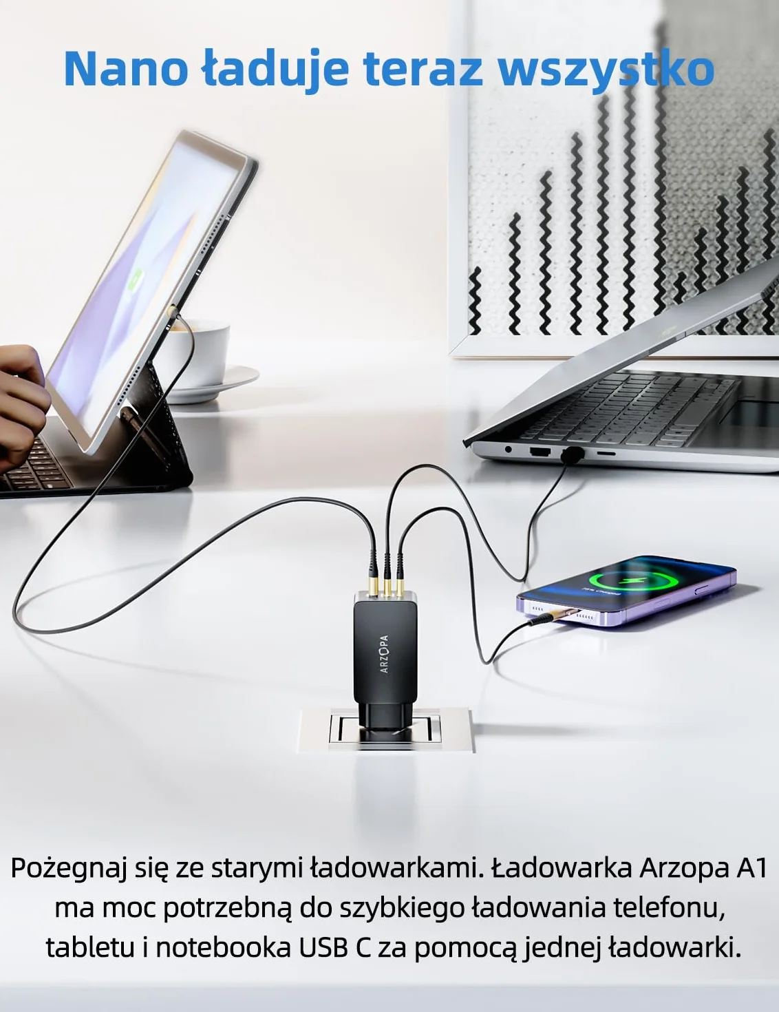 ARZOPA Ładowarka USB C 65 W GaN 3 portowa szybka ładowarka ścienna do laptopa iPhone 15/14/13 Pro Max Pixel Samsung Galaxy