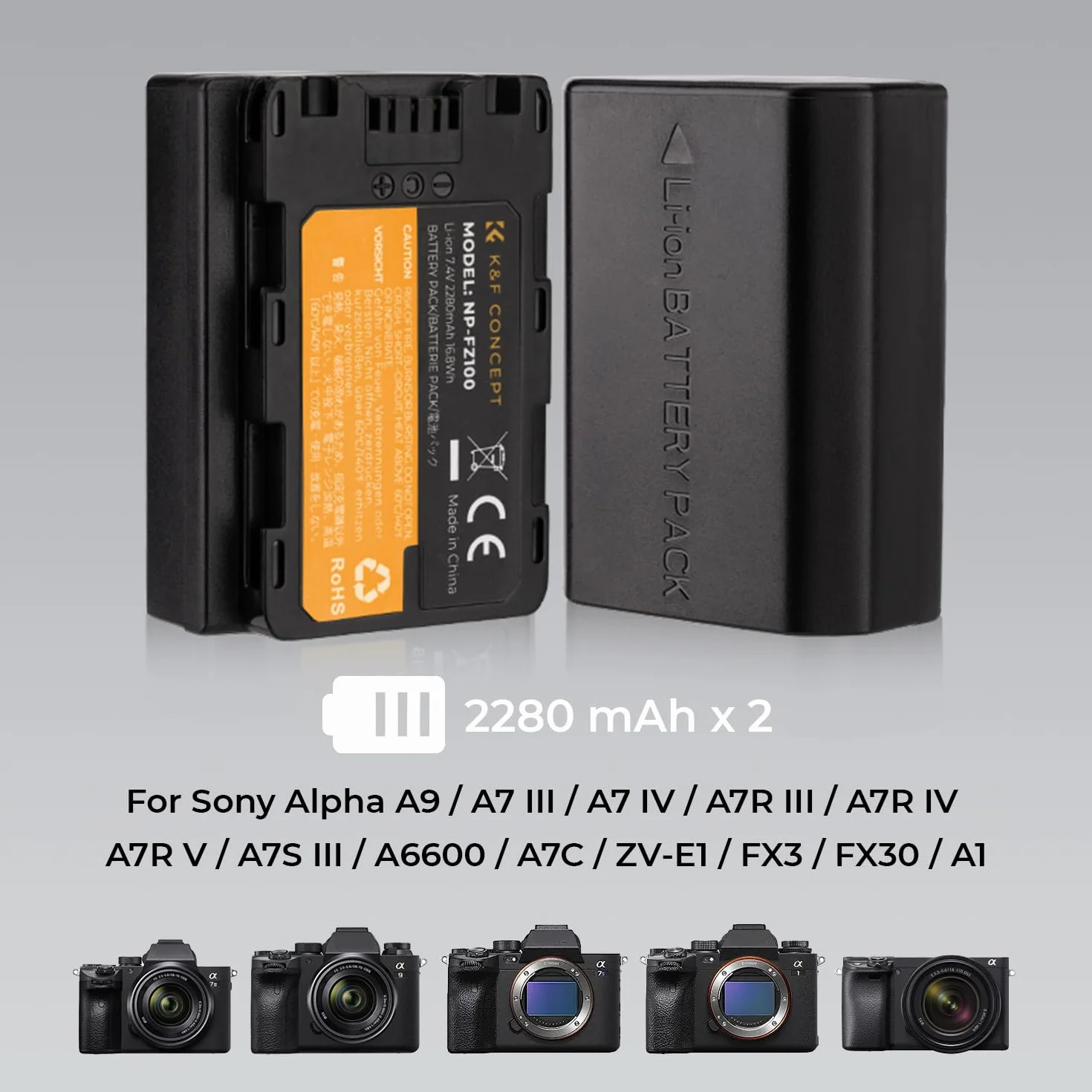 K&F Concept NP-FZ100 Bateria i ładowarka do Sony A7iii, A7IV, A9, A6600 2x 2280 mAh