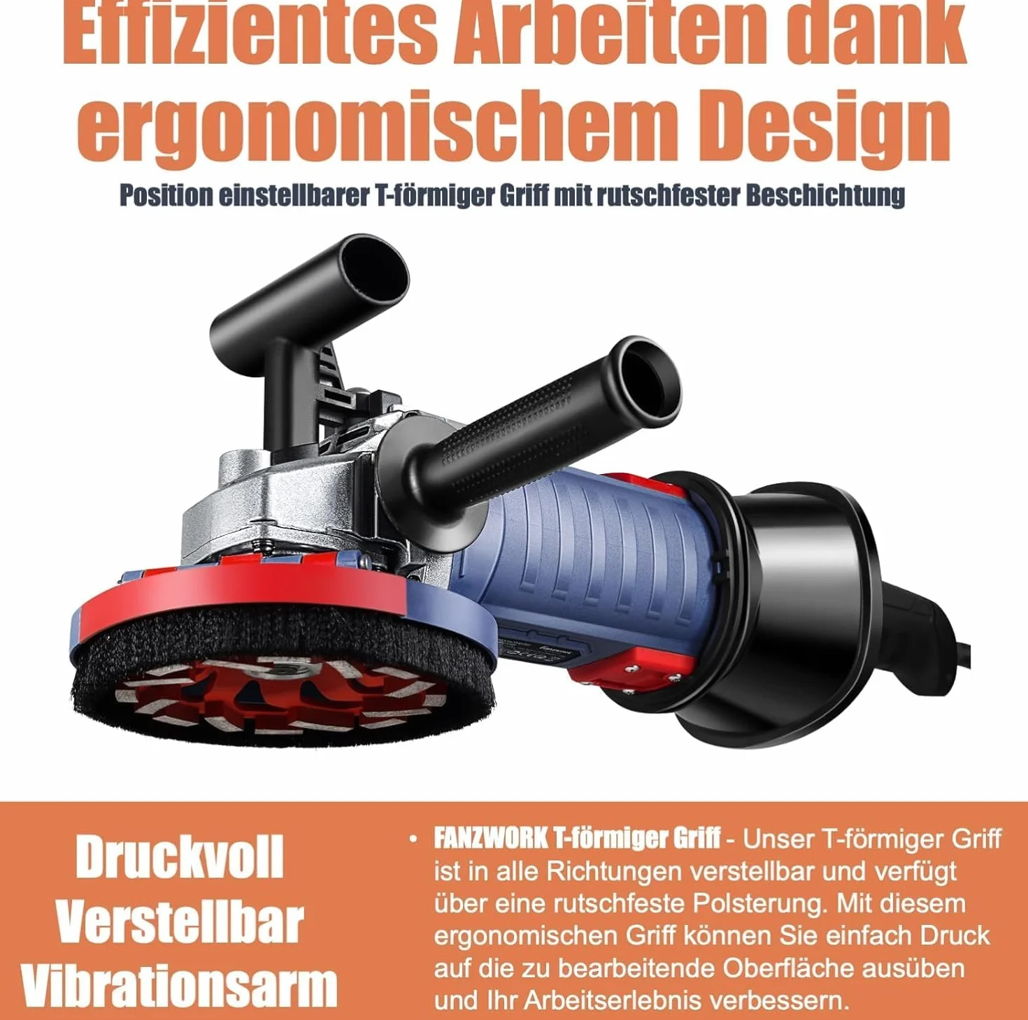 FANZWORK 1500 W szlifierka do betonu zestaw frezów do betonu, regulacja prędkości obrotowej, w zestawie diamentowa tarcza szlifierska premium 125 mm *2, okap ssący, uchwyt w kształcie litery T