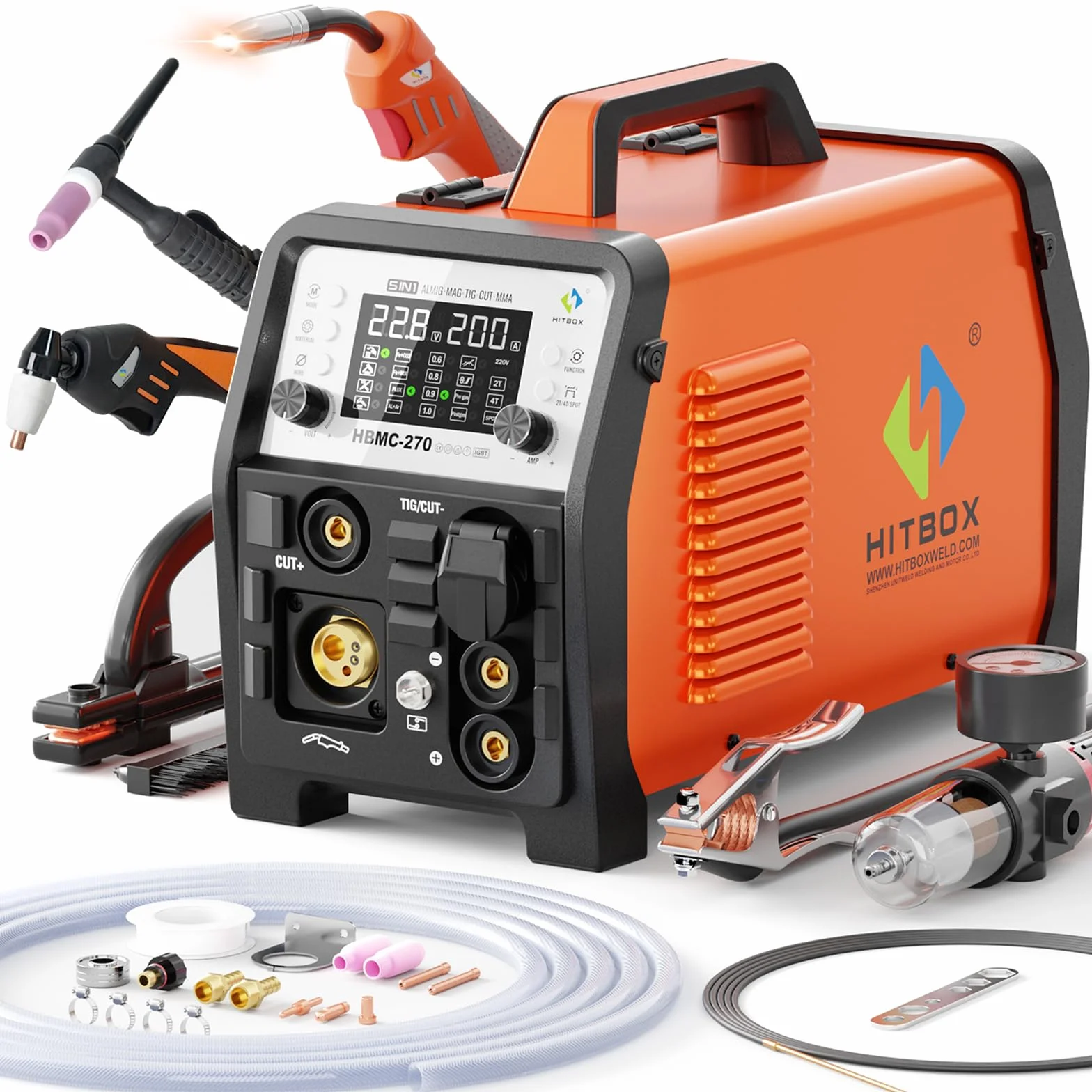HITBOX Kombinacja Zgrzewarki i Przecinarki Plazmowej 200A 230V – MIG Puls Aluminium, MIG Gaz, TIG HF, Elektrodowe, Plazma 40A, 2T/4T, Synergia
