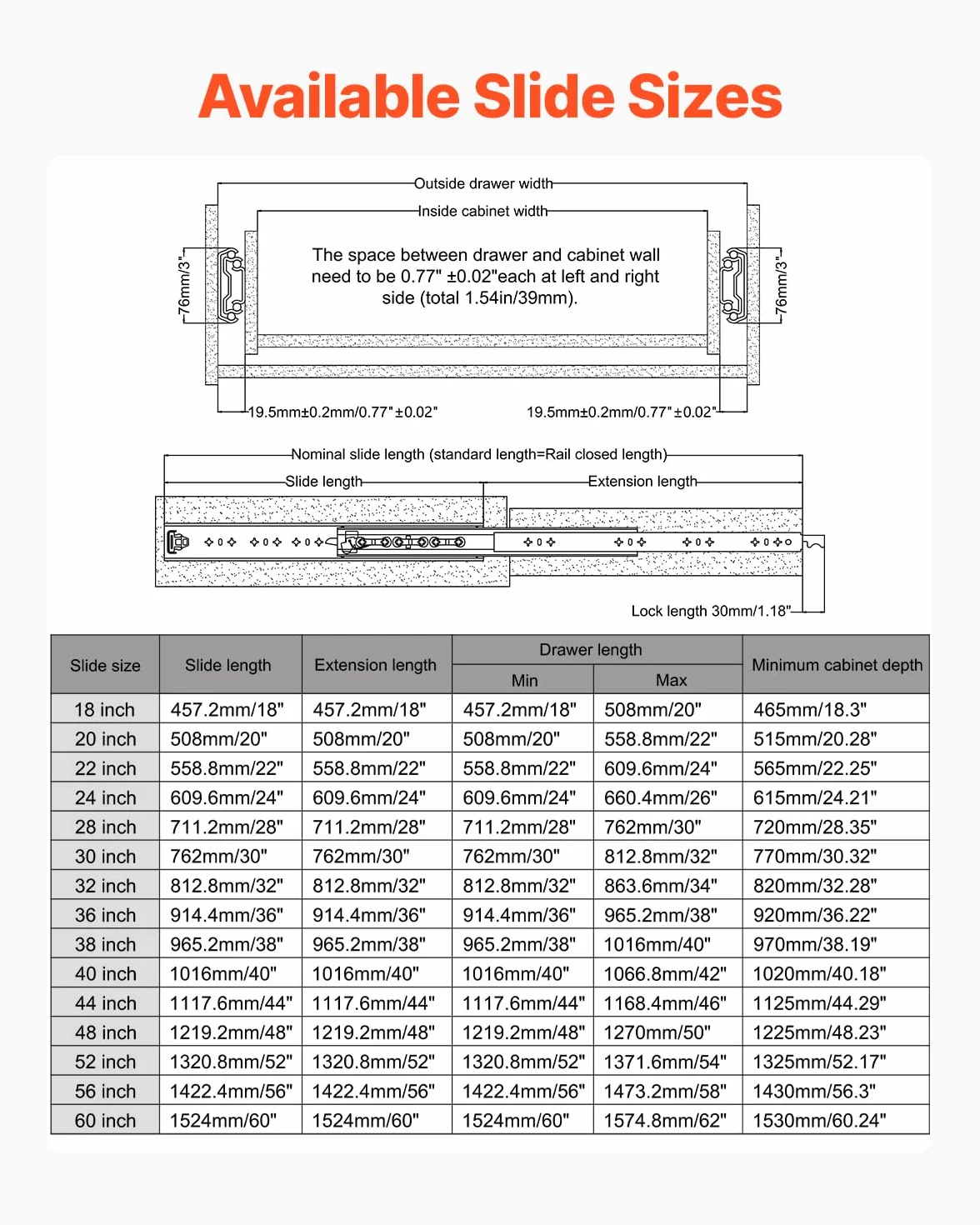 VEVOR 1 para prowadnic do szuflad z pełnym wysuwem 16, 18, 20, 24, 30, 35, 37,4, 59, 24, 32, 36, 40, 48, 152.4 cm, nośność 226.8 kg, łożysko kulkowe z blokadą boczną szyną do szuflady