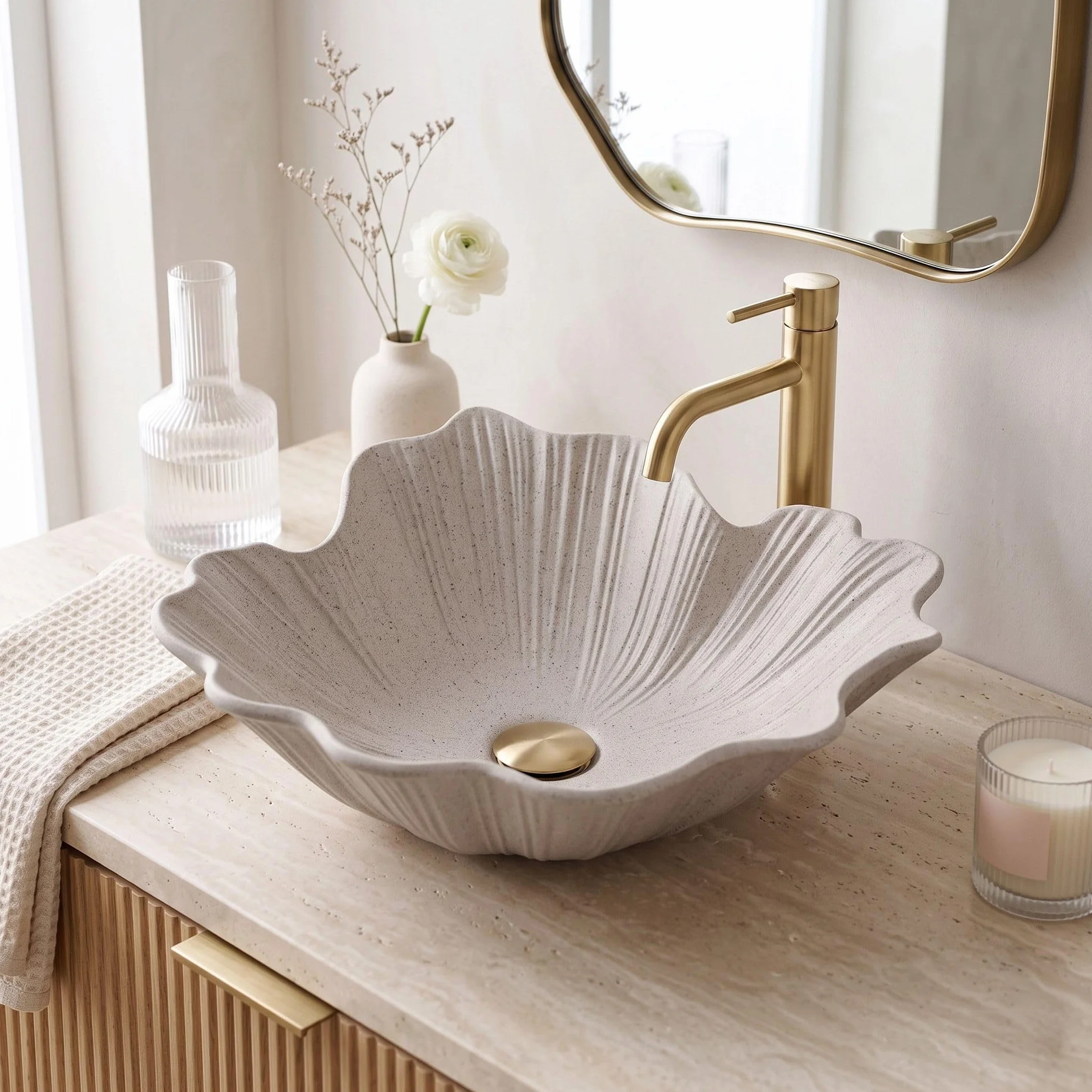 Rea - Umywalka Nablatowa Flower Beige Beżowy, Imitacja kamienia - 47,5x40x17 cm