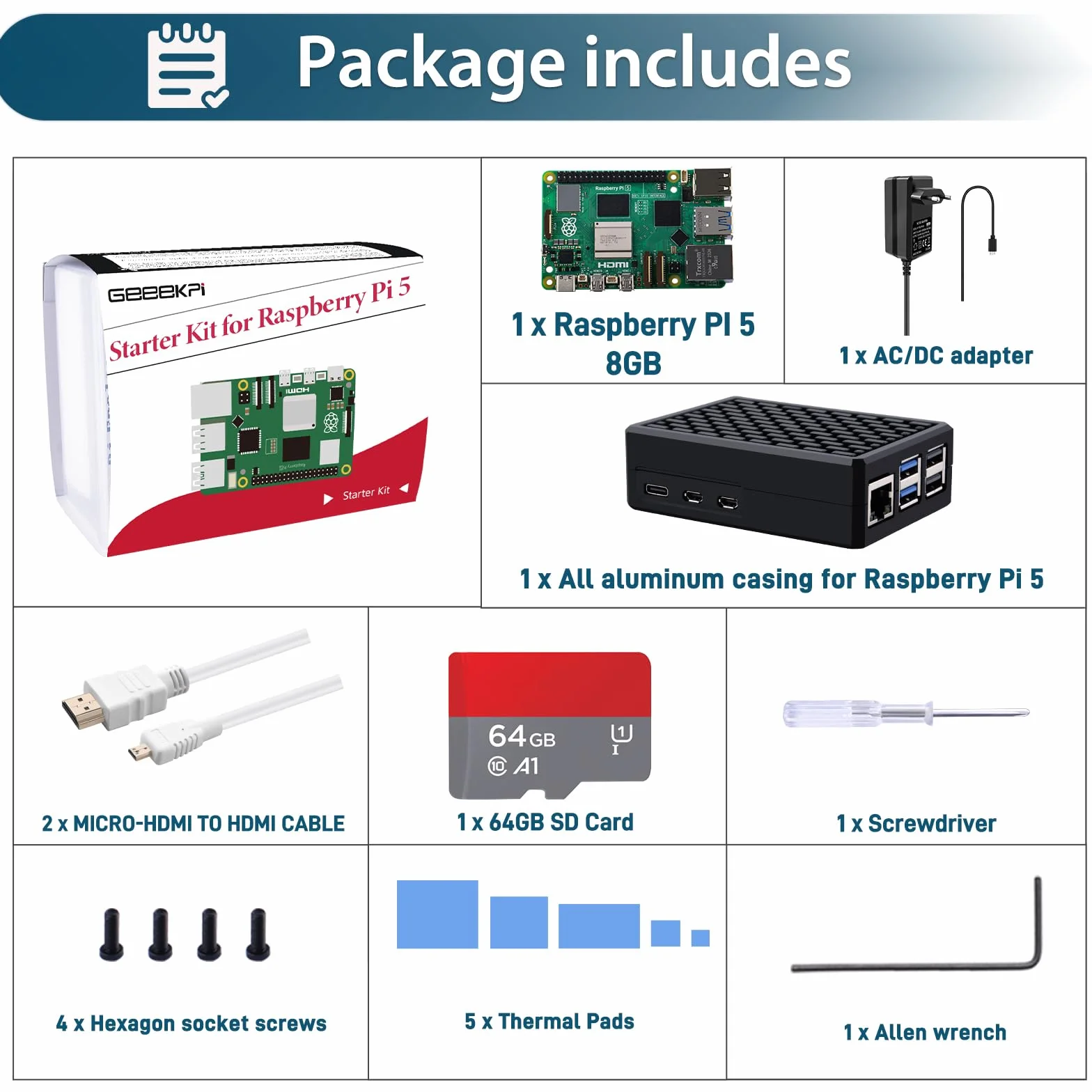 GeeekPi Zestaw startowy Raspberry Pi 5 8 GB aluminiowa obudowa chłodzenie pasywne Armor V5 karta SD 64 GB czytnik kart kable HDMI 27 W USB C