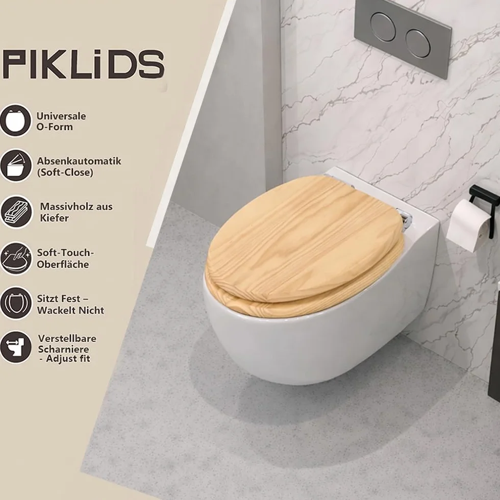 Deska sedesowa z litego drewna sosnowego, wolnoopadająca, szybkie zapięcie i Easy-Clean, Soft-Touch PIKLiDS
