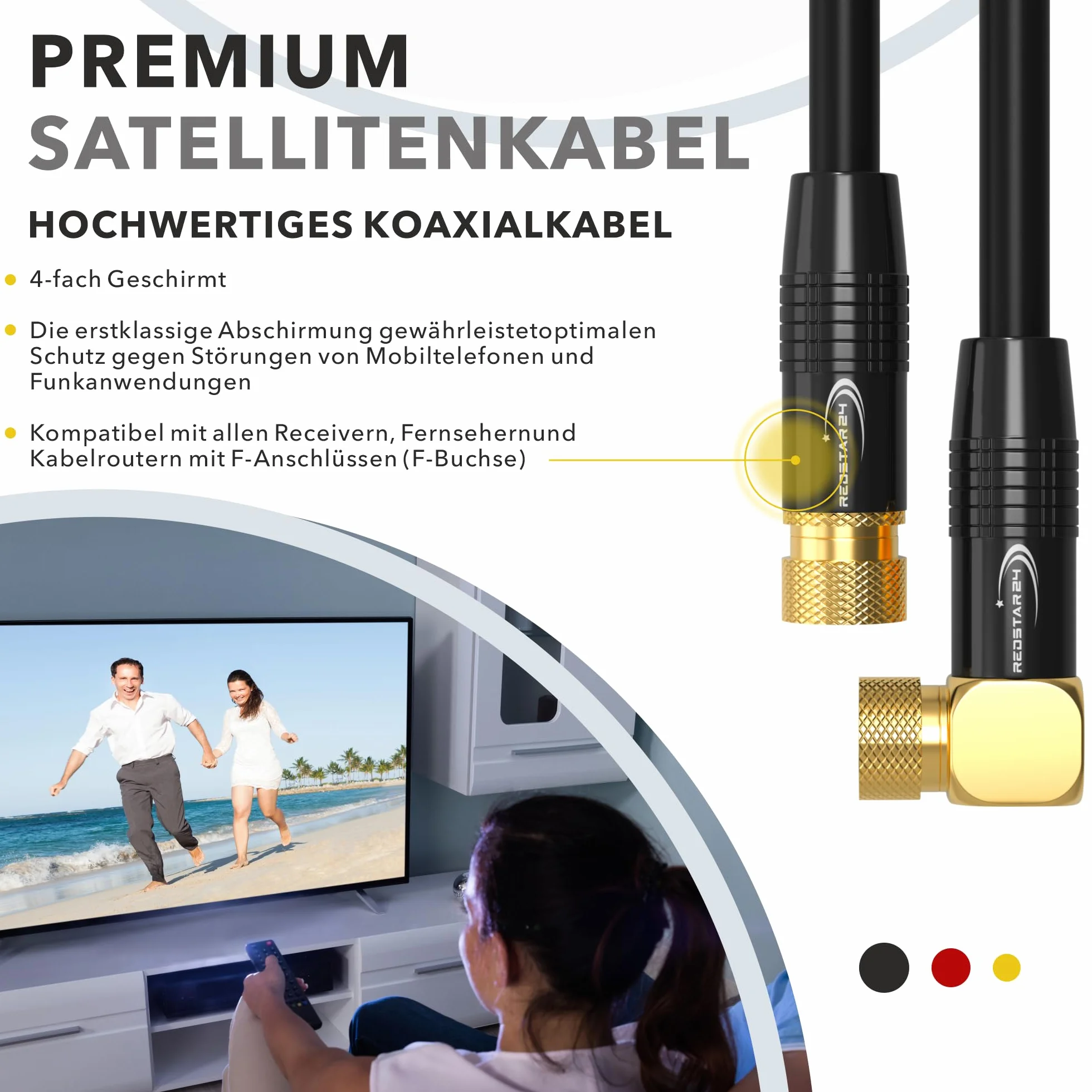RedStar24 Kabel antenowy SAT koncentryczny 135dB 2x F 1x 90° pozłacany Ultra HD 4K 3D UHD