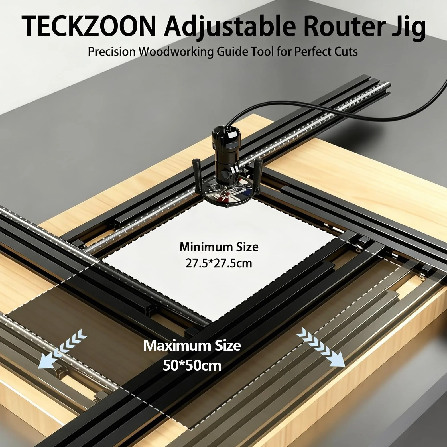 Regulowany szablon do frezowania, 500 x 500 mm, frezarka i jig do frezarki górnowrzecionowej, pomoc w frezowaniu drewna do tworzenia kwadratowych i prostokątnych szczelin