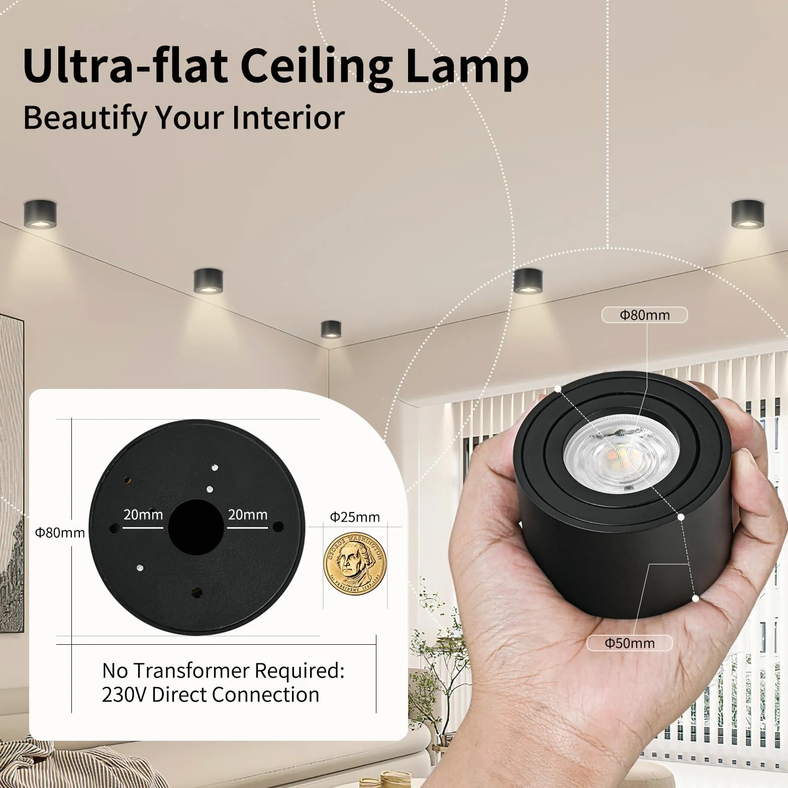 GeyouLux Ściemnialna lampa sufitowa LED, 5 W, Ø80 x 50 mm 3000 K/4000 K/6500K, obrót o 30° Spot łazienkowy, okrągły aluminiowy czarny reflektor sufitowy LED, 4 sztuki