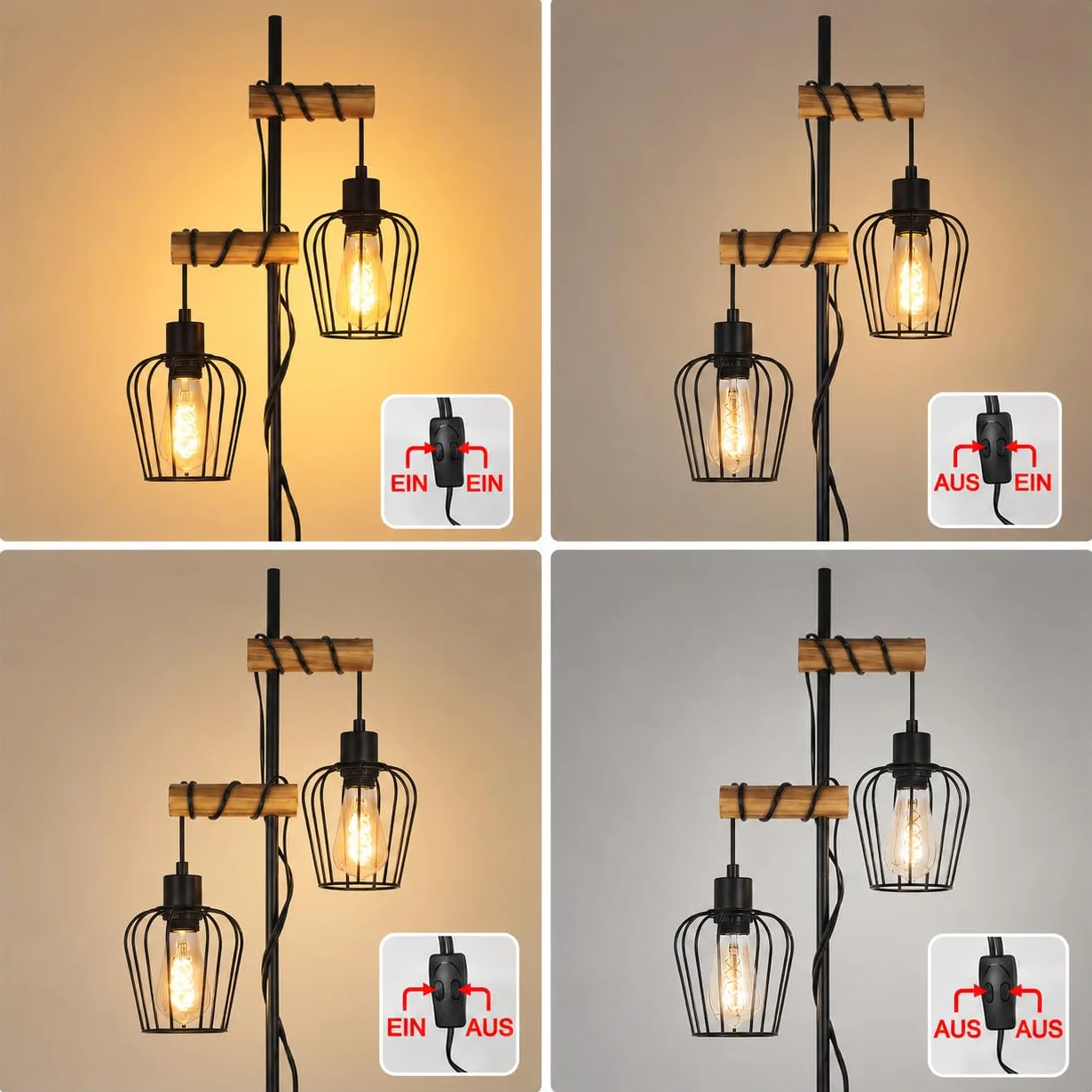 ZMH Lampa podłogowa do salonu z drewna, czarna stojąca lampa - Vintage lampa do salonu stojąca w stylu industrialnym, metalowa lampa stojąca, 2-płomienna, gwint E27, 151cm lampa stojąca do sypialni
