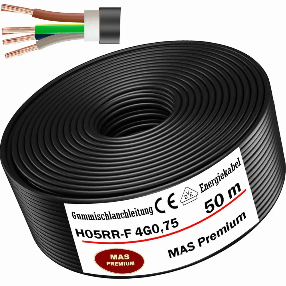 MAS Premium Przewód gumowy od 5 do 100 m, kabel zasilający na plac budowy H05RR-F 4G 0,75 mm², elastyczny przewód do urządzeń ręcznych i lekkich urządzeń (50 m)