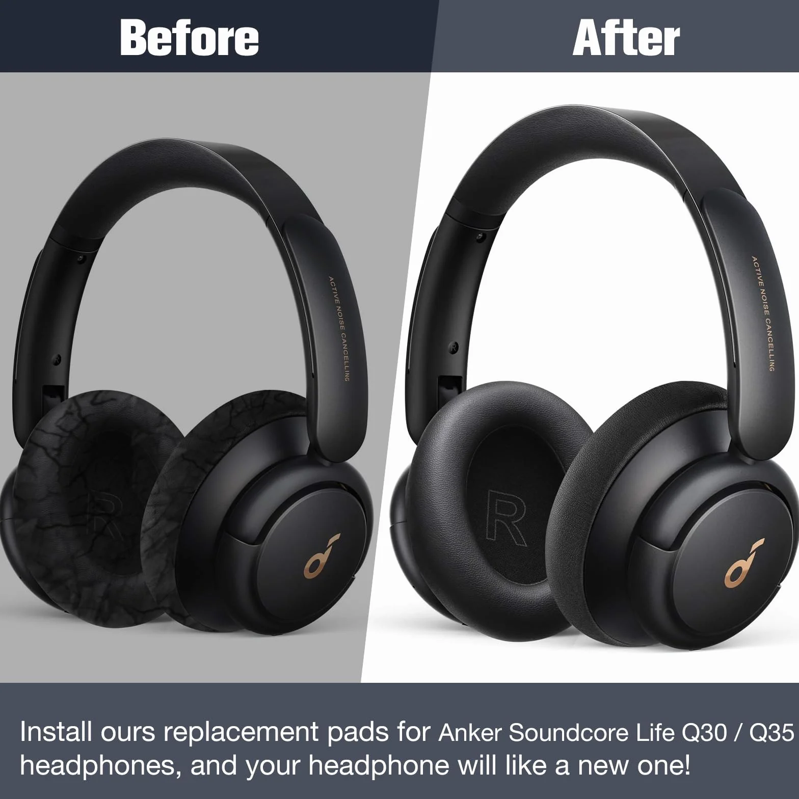 Zapasowe nauszniki kompatybilne z Anker Soundcore Life Q30 Q35 bezprzewodowe i przewodowe słuchawki Bluetooth, zastępcze nauszniki, skóra proteinowa pianka