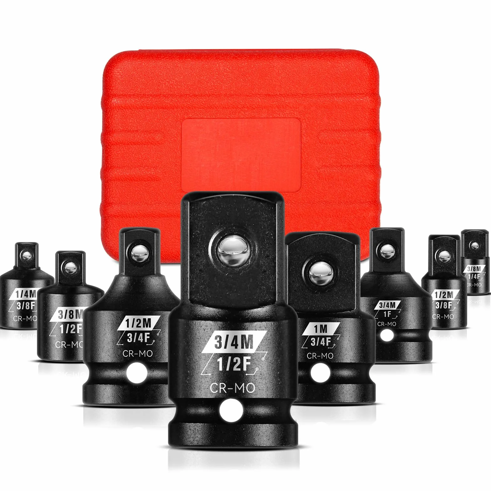 8-częściowy zestaw adapterów udarowych, 1/4" 3/8" 1/2" 3/4", adapter do wkrętarki udarowej, adapter do wkrętarki udarowej, adapter klucza nasadowego, stal chromowo-molibdenowa, w walizce na