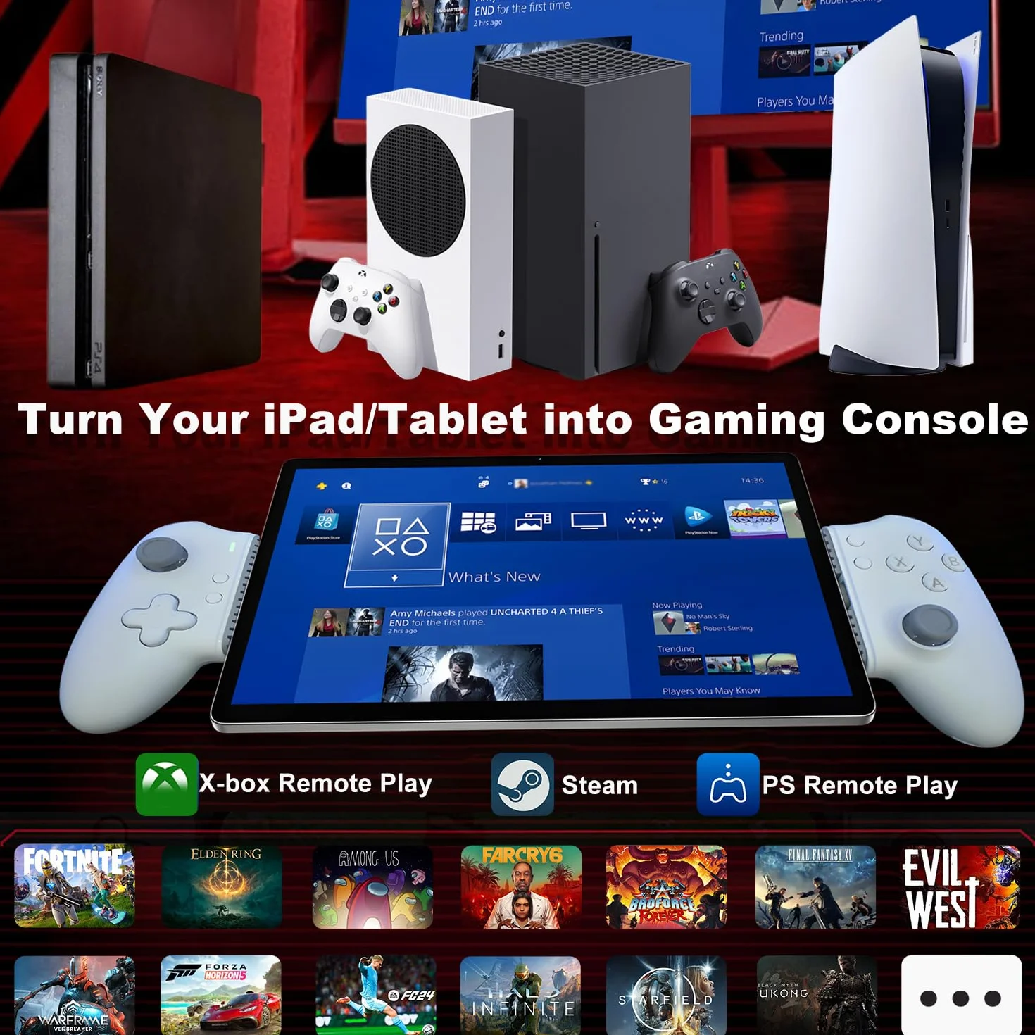 Kontroler USB C do iPada/tabletu 6,7-11 cala, joystick Plug and Play, Remote Play Controller do PS5/Xbox/PC, Cloud Game, Hall Rocker/Trigger, Passthrough Charging