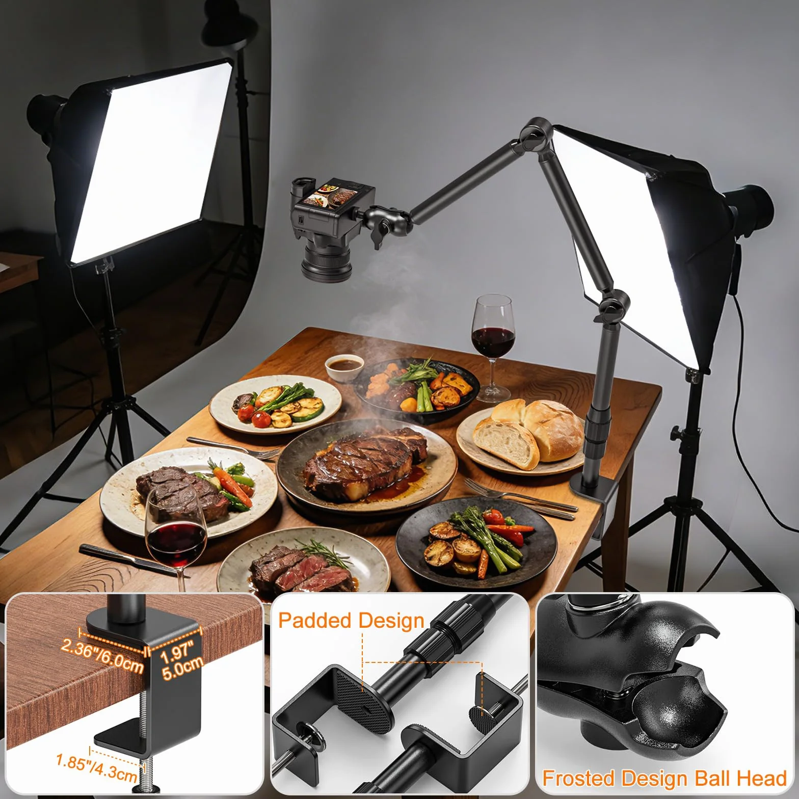 Uchwyt biurkowy do aparatu, stojak do montażu kamery internetowej ze śrubą 1/10.2 cm, regulowane ramię mikrofonowe 360° do aparatów DSLR, prawe światło, projektor, maksymalne obciążenie 3 kg