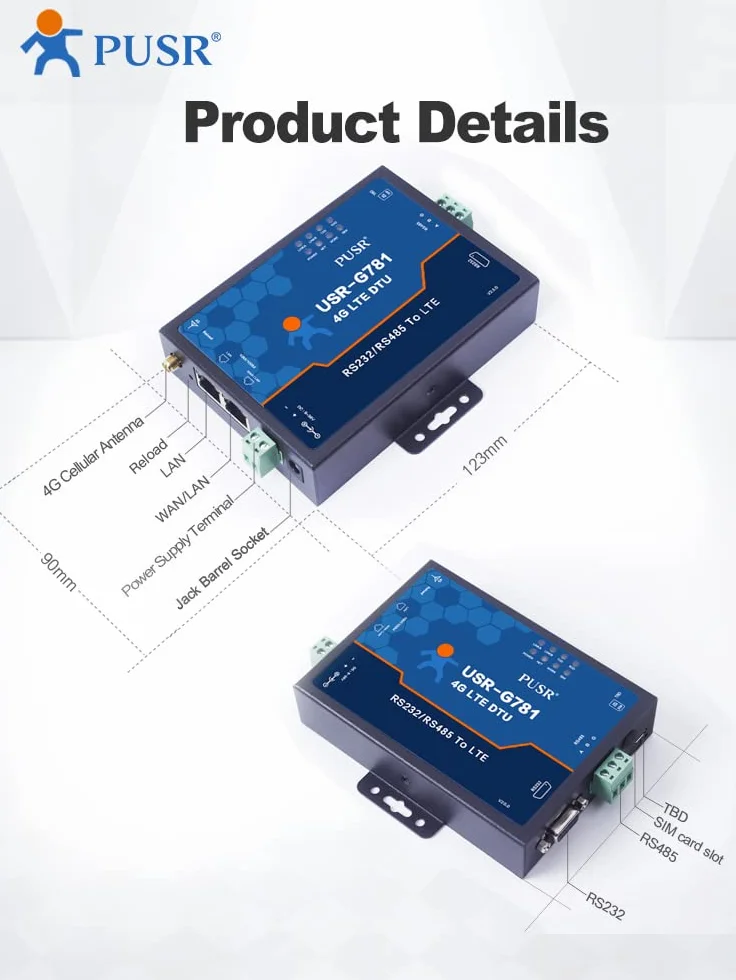 USR-G781-E EMEA & APAC Modem Przemysłowy Bezprzewodowy 4G GPRS RS485 RS232 z kartą SIM