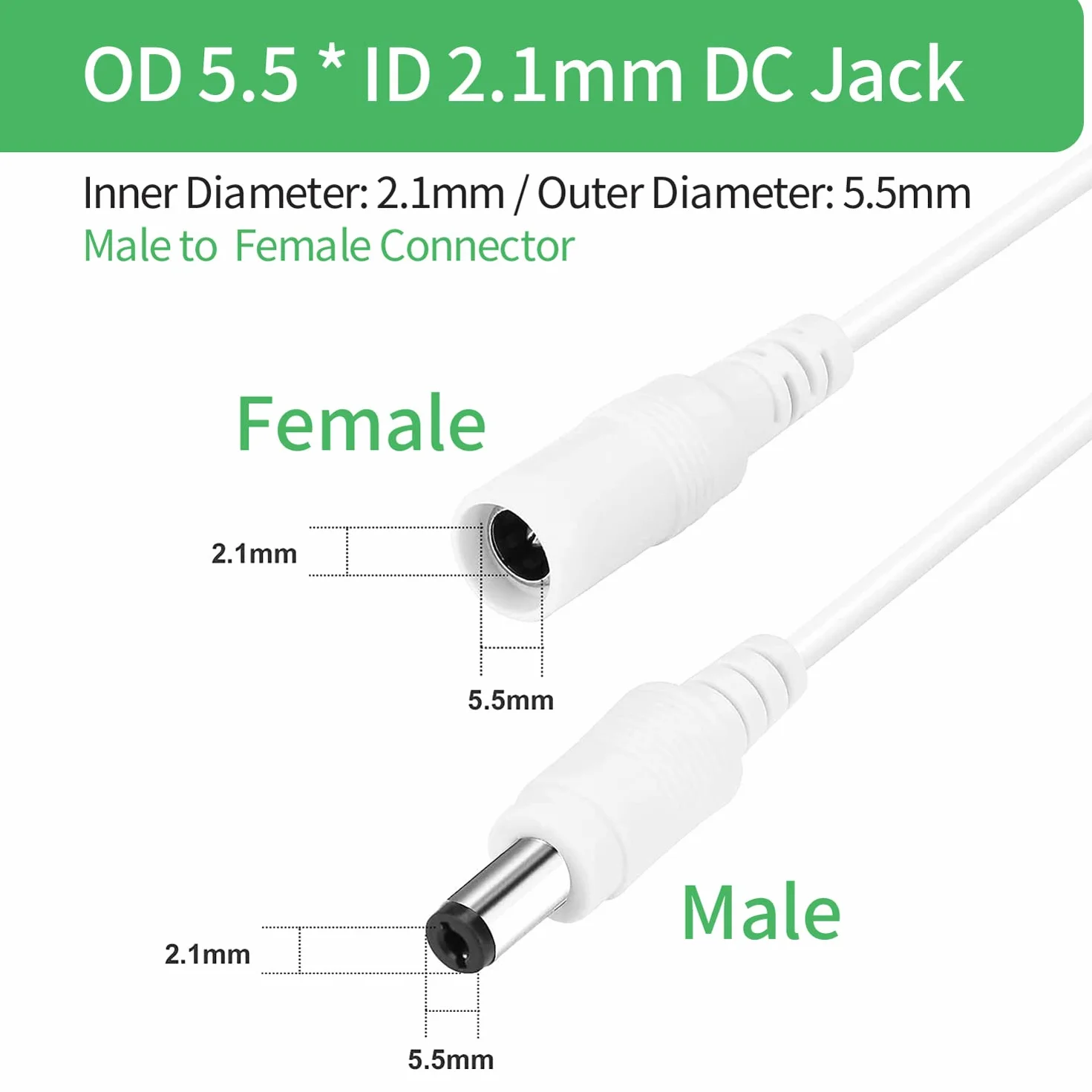 Przedłużacz DC 2 m 5,5 mm x 2,1 mm 5-24 V biały