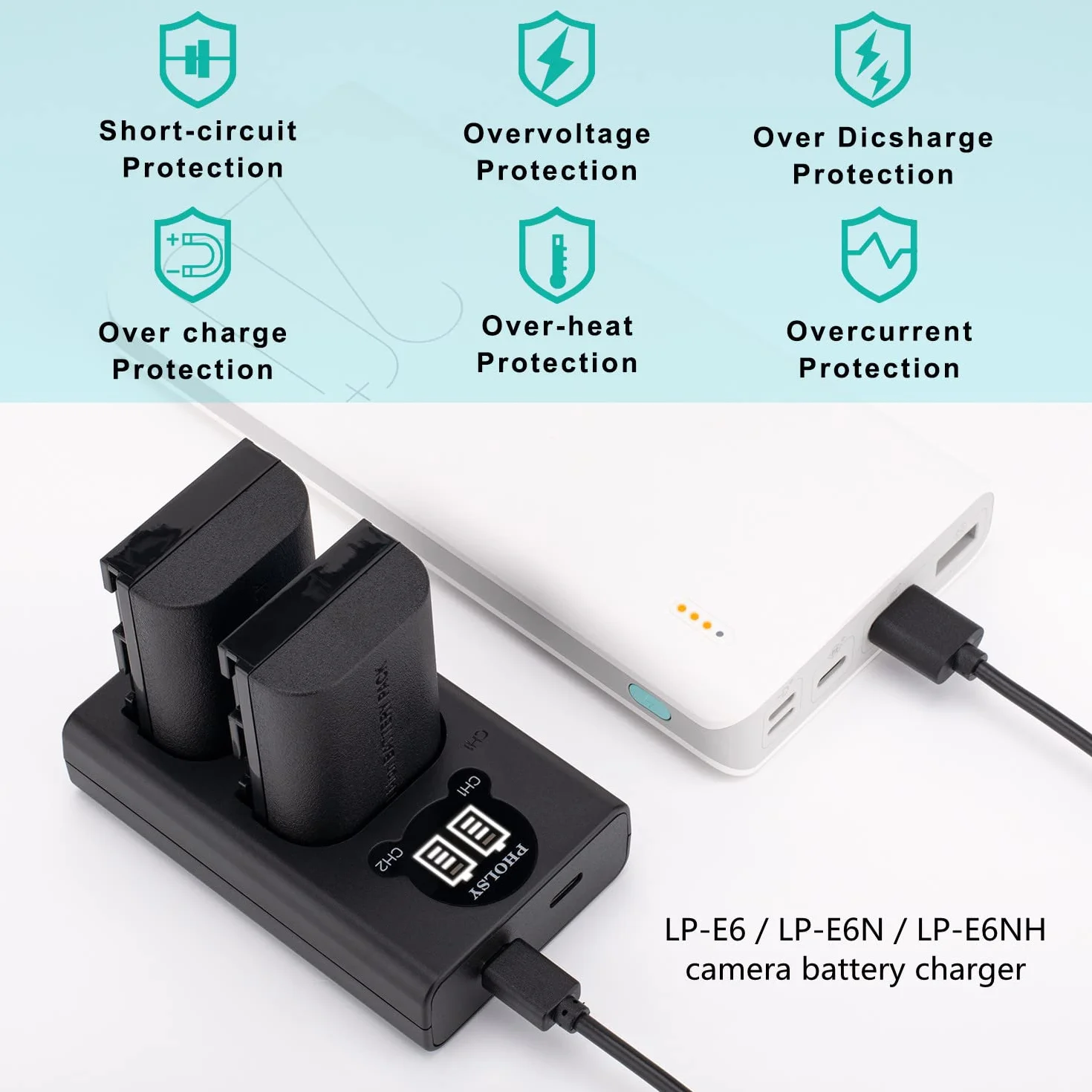 Canon LP-E6N USB Dual LCD Charger for EOS R5 R6 R7 5D Mark IV 5DS 5DS R 6D Mark II 7D Mark II 90D 80D