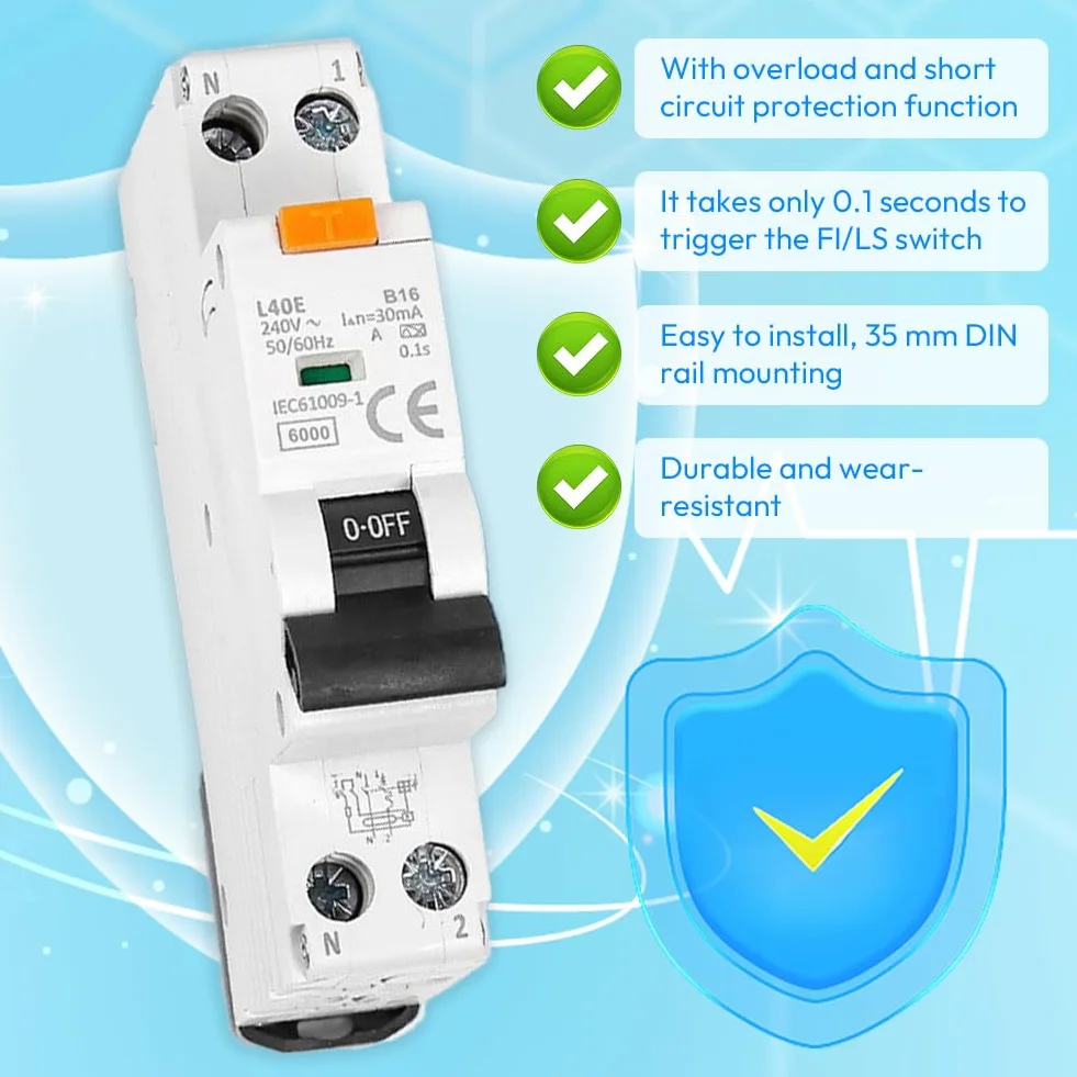 Wyłącznik Fi ls 16a, RCBO B16A 30mA, wyłącznik różnicowoprądowy, 230 V, 1P+N, typ A, RCD Protected Circuit Breaker, DIN Rail Mounting, Curve C