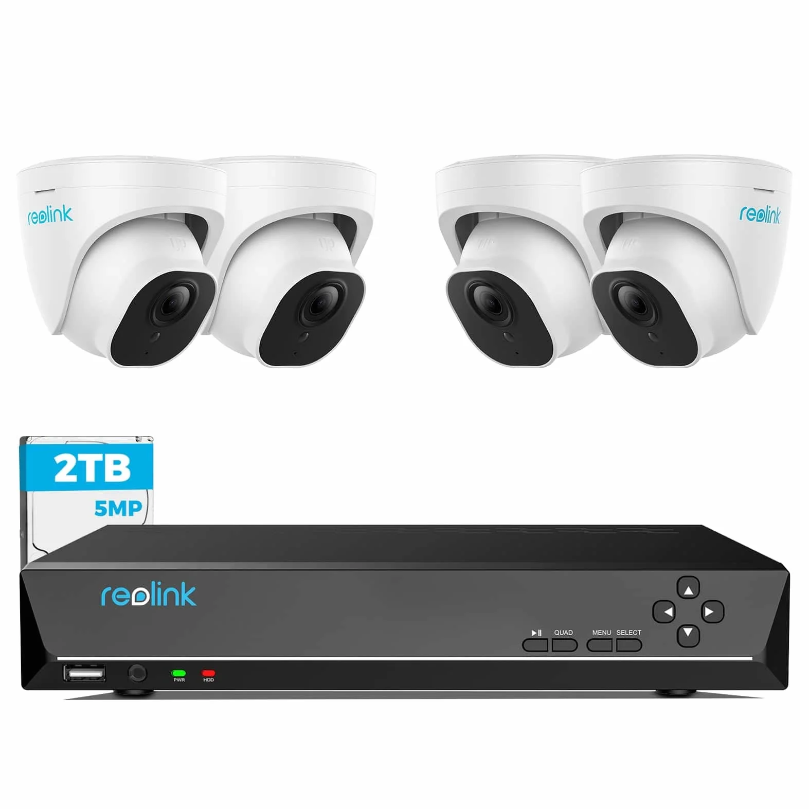 Reolink 8-kanałowy Zestaw do monitoringu CCTV 5MP PoE z dyskiem twardym 2 TB NVR i 4X 5MP 2,5 razy 1080P Zewnętrzne kamery IP PoE, Noktowizja 30m, RLK8-520D4-5MP