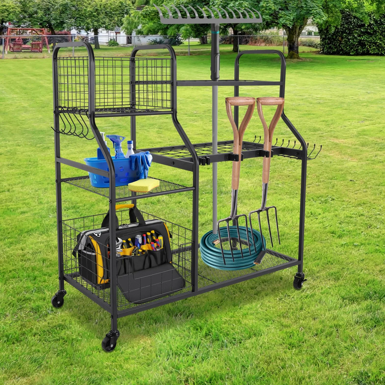 Organizer na narzędzia ogrodowe 91,95*41,91*94cm Garden Tool Organizer z 4* uniwersalnymi rolkami i podkładkami pod stopy, stojak na narzędzia ogrodowe do przechowywania narzędzi ogrodowych, urządzeń