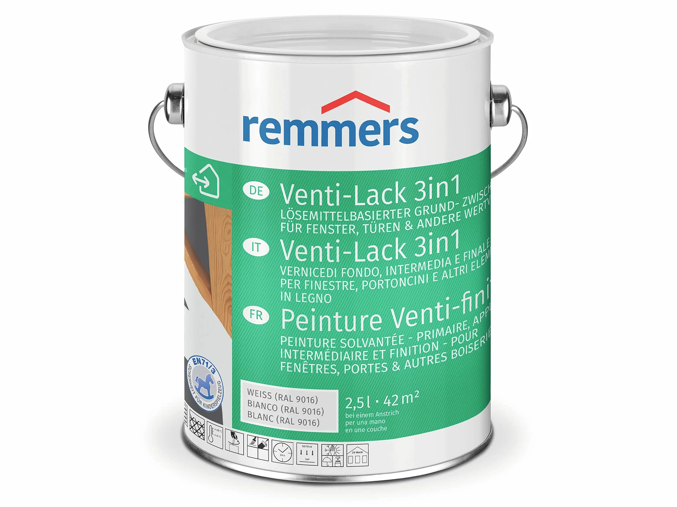 Remmers Lakier do wentyli 3 w 1 biały (RAL 9016), 5 l, lakier do żywicy alkidowej do drewna wewnątrz i na zewnątrz, 3 powłoki w jednym produkcie, wysoka siła krycia
