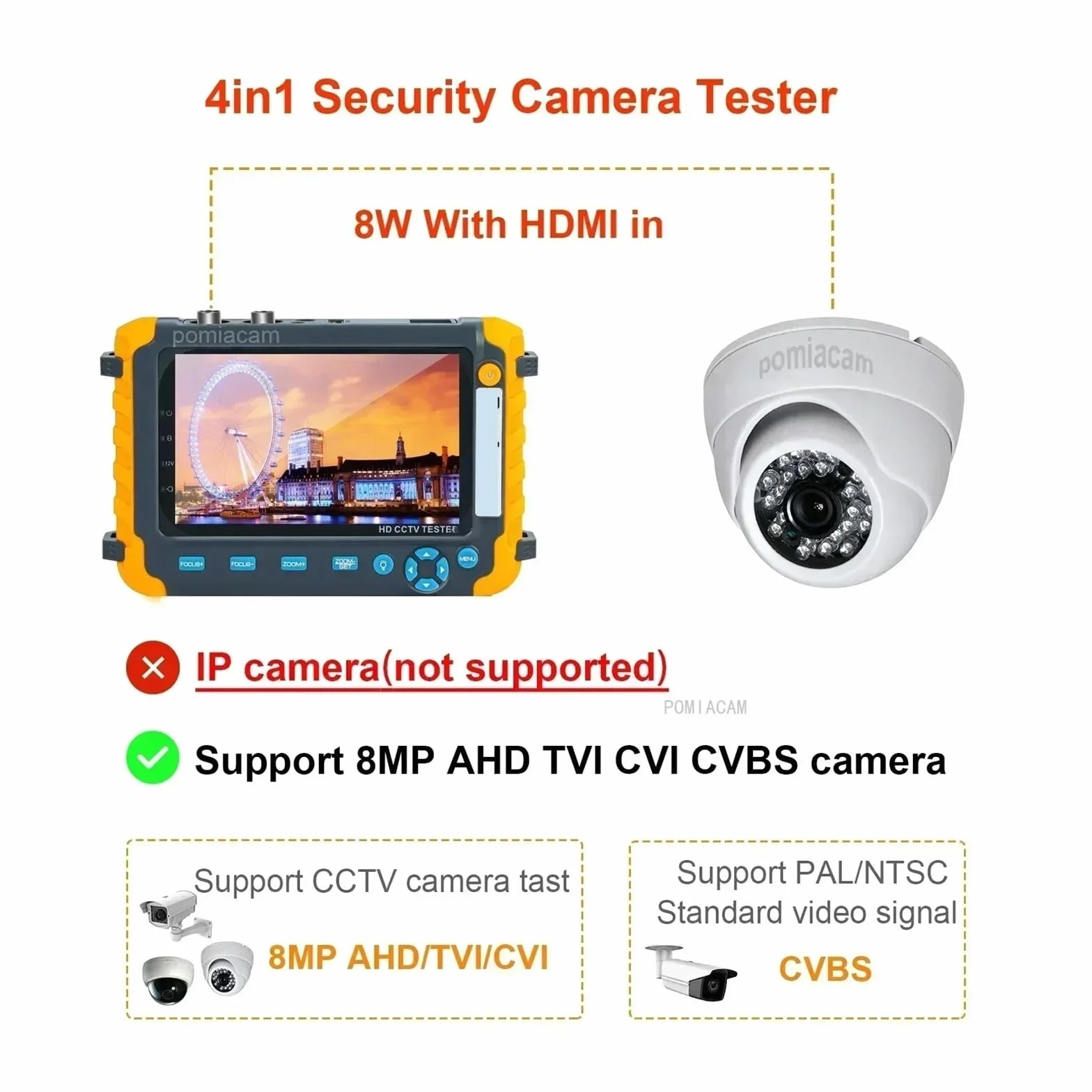 Tester CCTV, IV8W 5,0-calowy monitor CVBS 8MP AHD/CVI/TVI Tester CCTV kamery 4 w 1 Przenośny tester Obsługa wejścia PTZ VGA