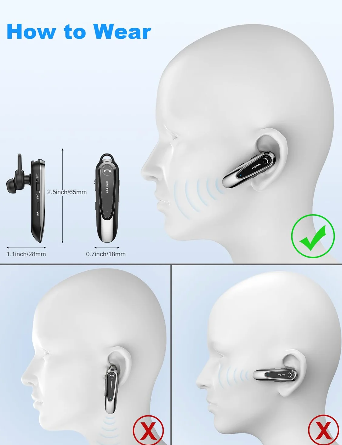 New Bee Bluetooth Headset V5.0 z podwójnym mikrofonem 25-godzinny czas rozmów głośnomówiący