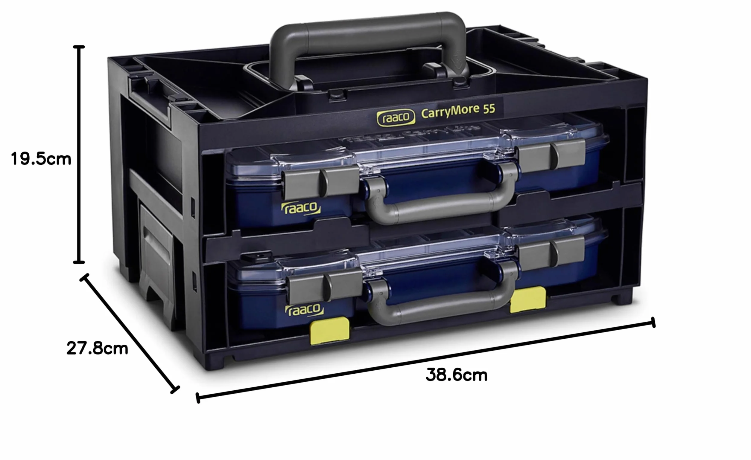 raaco CarryMore 55 x 2: lekka skrzynka asortymentowa do warsztatu, Kistenberg z 2 skrzynkami do sortowania małych części, nośność 25 kg, bezpieczny transport przechowywania, magazynek na małe części