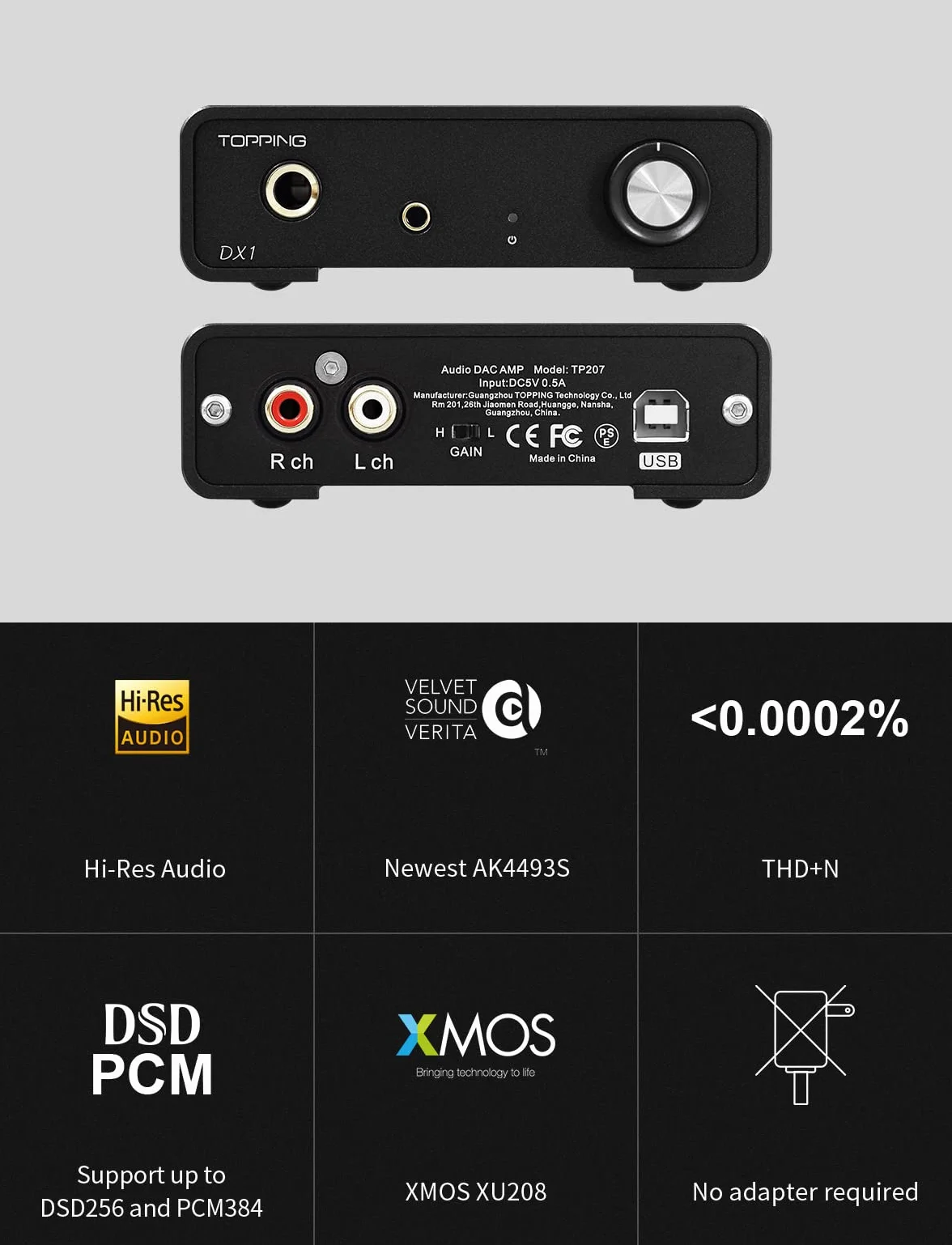 Topping DX1 Mini Stereo DAC wzmacniacz słuchawkowy AK4493S 384 kHz/32 bit DSD256 HiFi srebrny