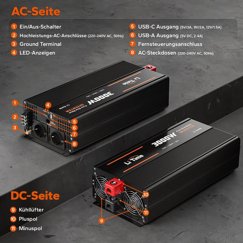 LiTime Falownik fali sinusoidalnej 3000 W 12 V DC na 230 V AC konwerter do kempingu