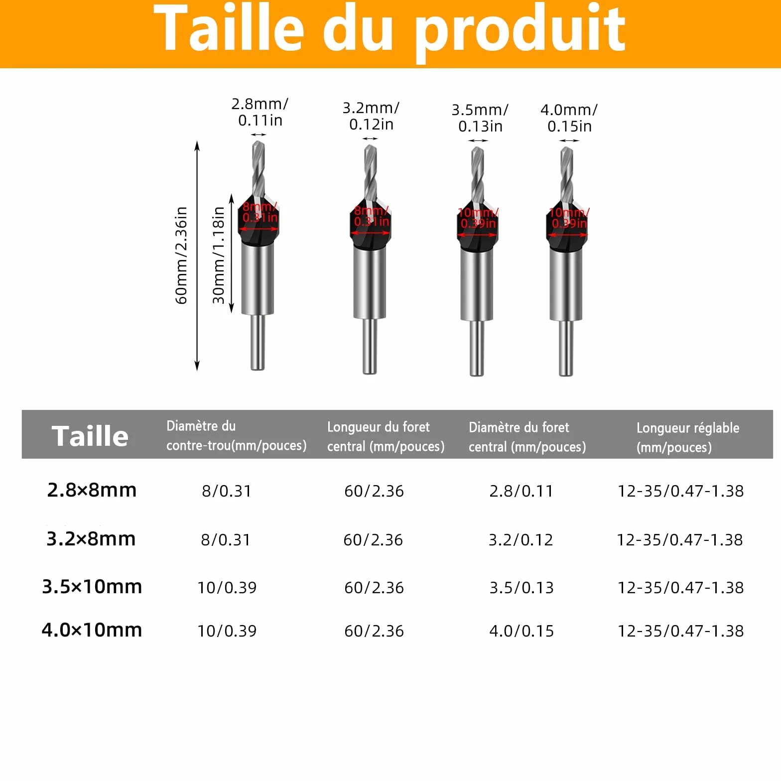 ACESOME Zestaw 6 stożkowych wierteł stożkowych, zestaw pogłębiaczy stożkowych HSS, pogłębiacze stożkowe ze stali węglowej z ogranicznikiem głębokości, wiertło stożkowe do drewna z łbem sześciokątnym 1