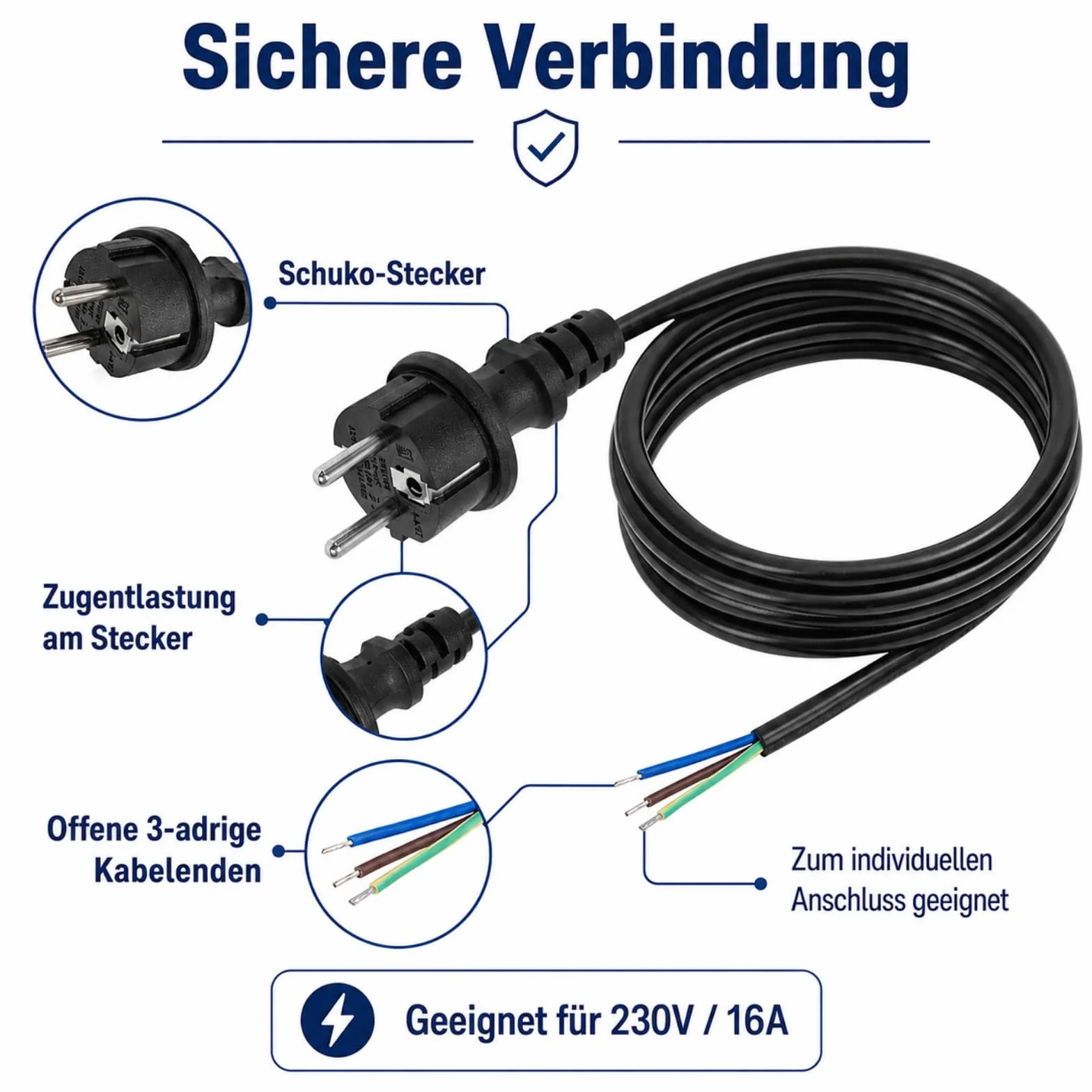VIEVRE Kabel przyłączeniowy 1 m z wtyczką, kabel zasilający 3-biegunowy, kabel 3 x 1,5 mm², wtyczka Schuko z kablem, kabel zasilający z wtyczką, kabel przyłączeniowy z wtyczką, 230 V, 16 A, IP44