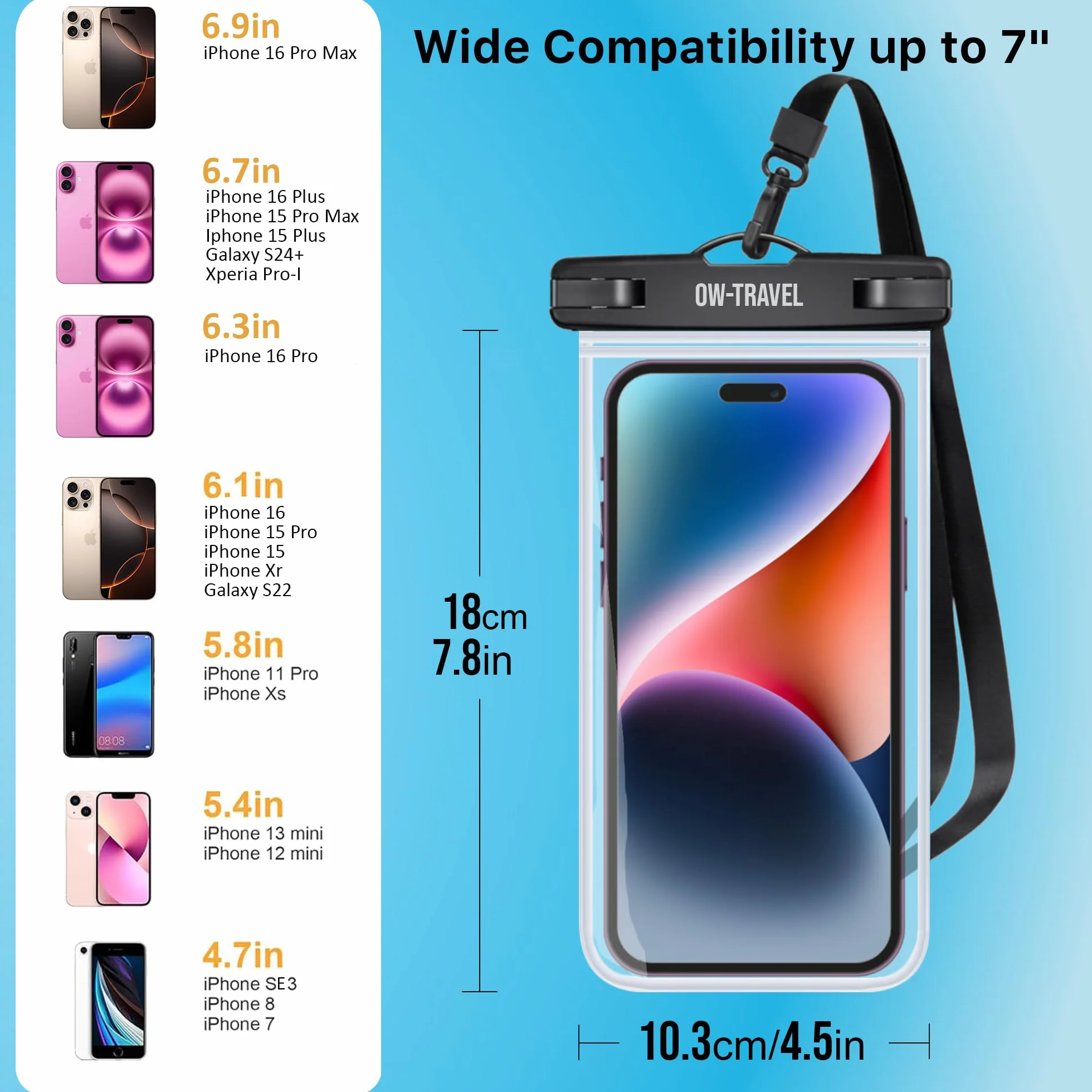 Pokrowiec Wodoodporny IPX8 na Telefon do Pływania dla iPhone 16-11 Samsung Huawei 7"
