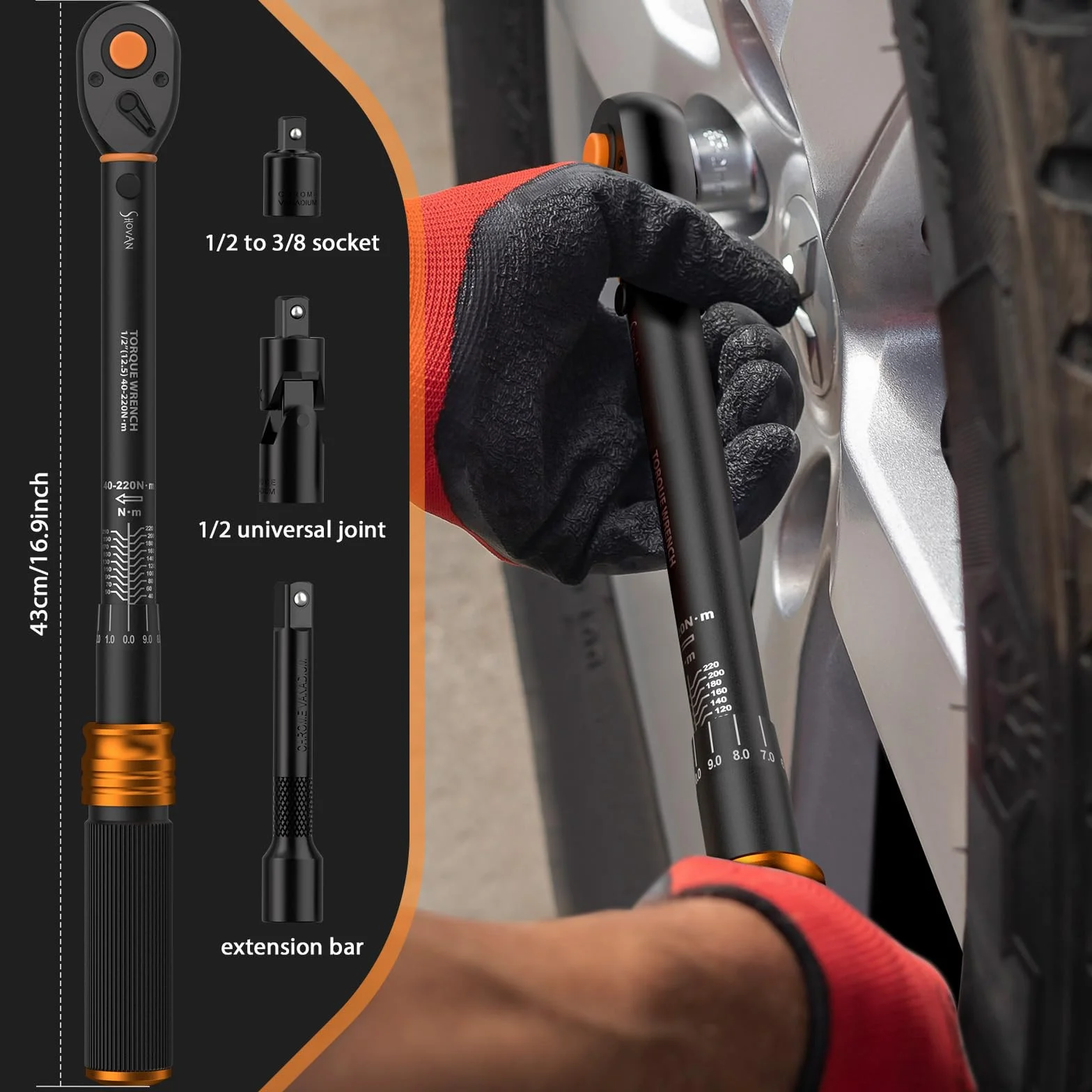 ss shovan Klucz dynamometryczny do samochodu, 1/2 cala, 40-220 Nm, atest TÜV Süd GS, 4-częściowy zestaw do wymiany opon z kliknięciem ±3% – przedłużenie 125 mm, adapter i przegub uniwersalny – do