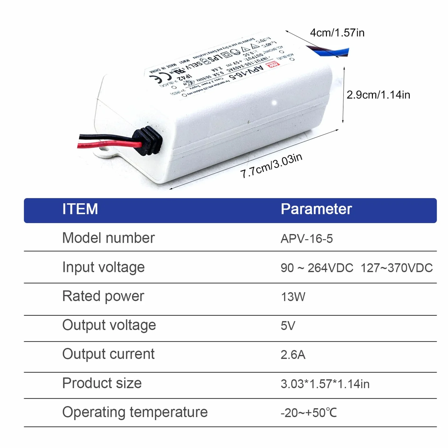 MeanWell, APV-16-5 zasilacz sieciowy LED 13 W 5 V 2,6 A; zasilacz impulsowy