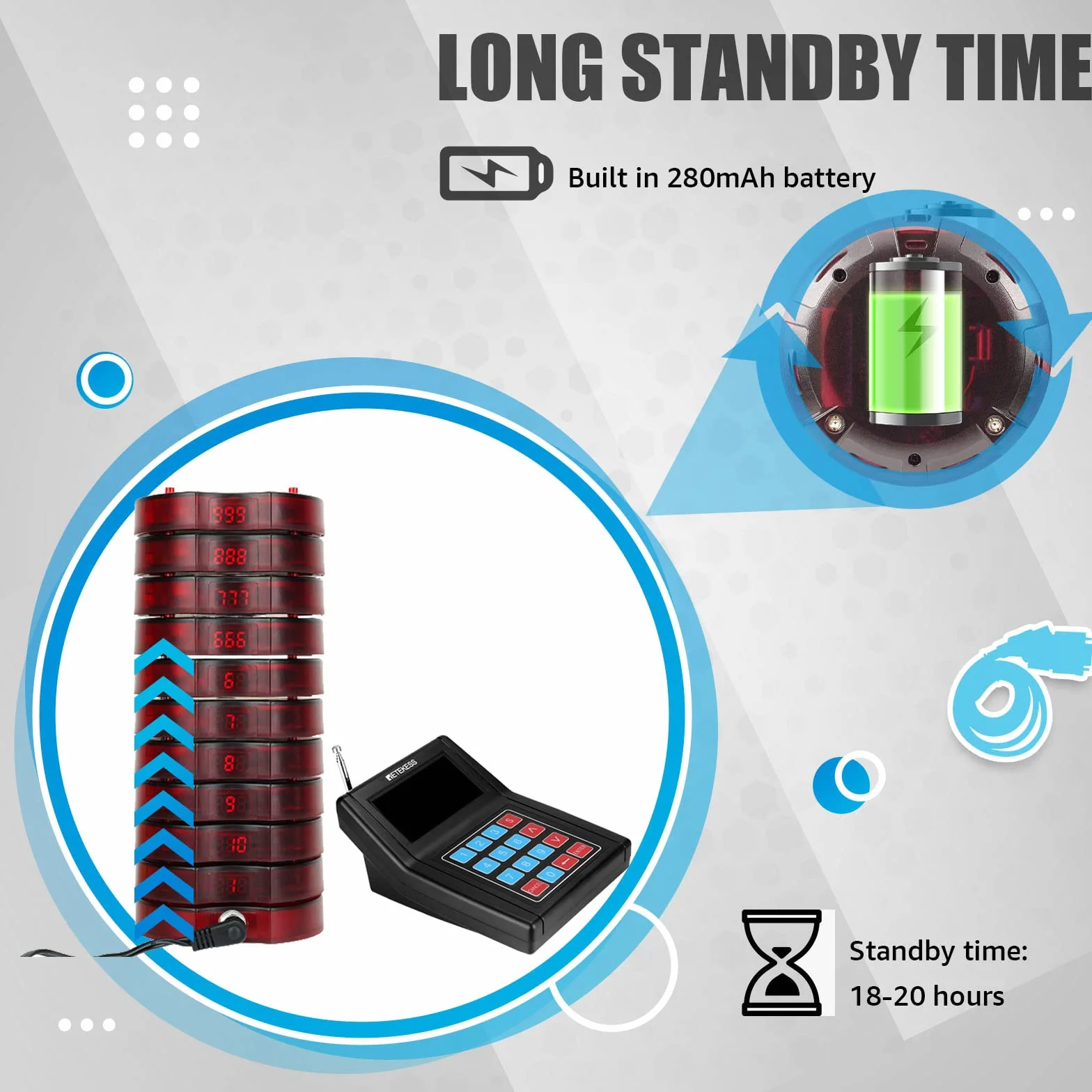 Retekess TD165 Pager Buzzer Restauracji, 999 Kanałów, Zasięg 300m, 10 Podstawek Akumulatorów, 3 Tryby Połączeń
