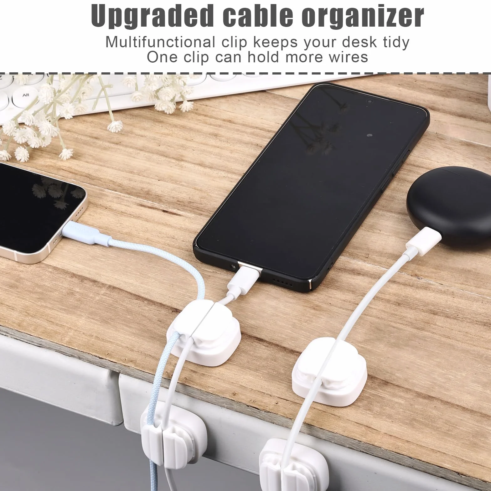 3szt Organizer na Przewody, 3 w 1 Uchwyt na Zaciski do Kabli Samoprzylepne Klipsy do Zarzadzania Kablami Regulowana Sprezyna do Biurko Samochodowe do Domowego Biura z Przewodem USB (Bialy)