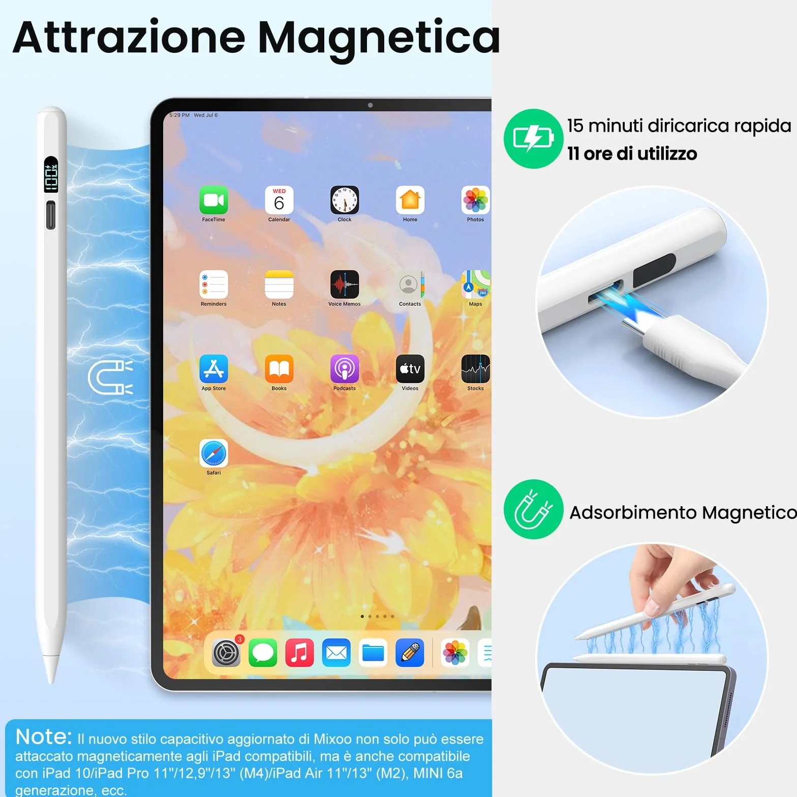 MEKO Pióro do Apple iPad 2018-2025, iPad Pen z wyświetlaczem LED, 3x szybkie ładowanie, kompatybilny z iPad 11 A16/10/9/8/7/6, Air 5/4/3/11''M2/M3, Pro 11/12.9/13 M4/M5, Mini 5/6